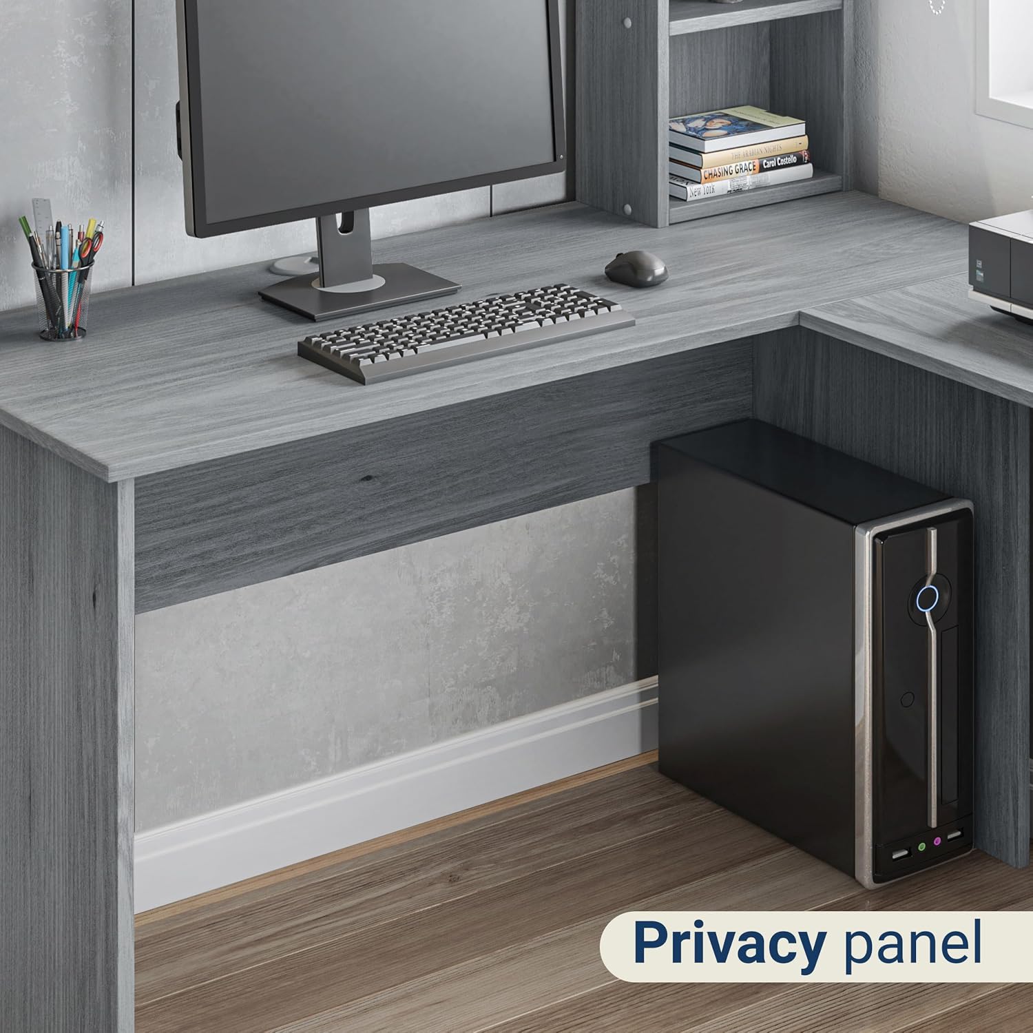 Techni Mobili Modern L-Shaped Desk with Hutch, Grey