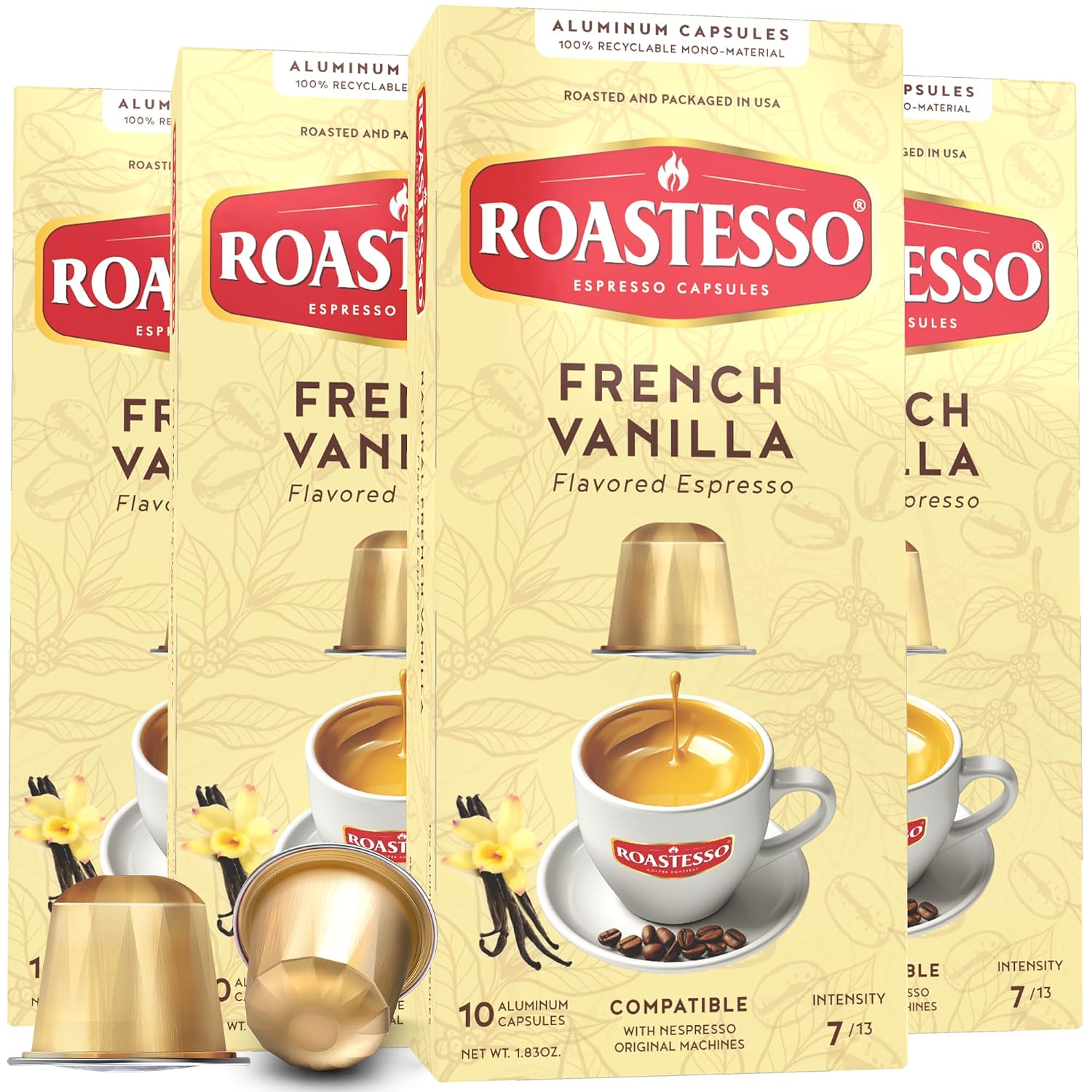 Roastesso, Aluminum Espresso Capsules, Flavors Variety Pack, Natural Flavored Coffee Pods with French Vanilla, Caramel, Chocolate & Hazelnut