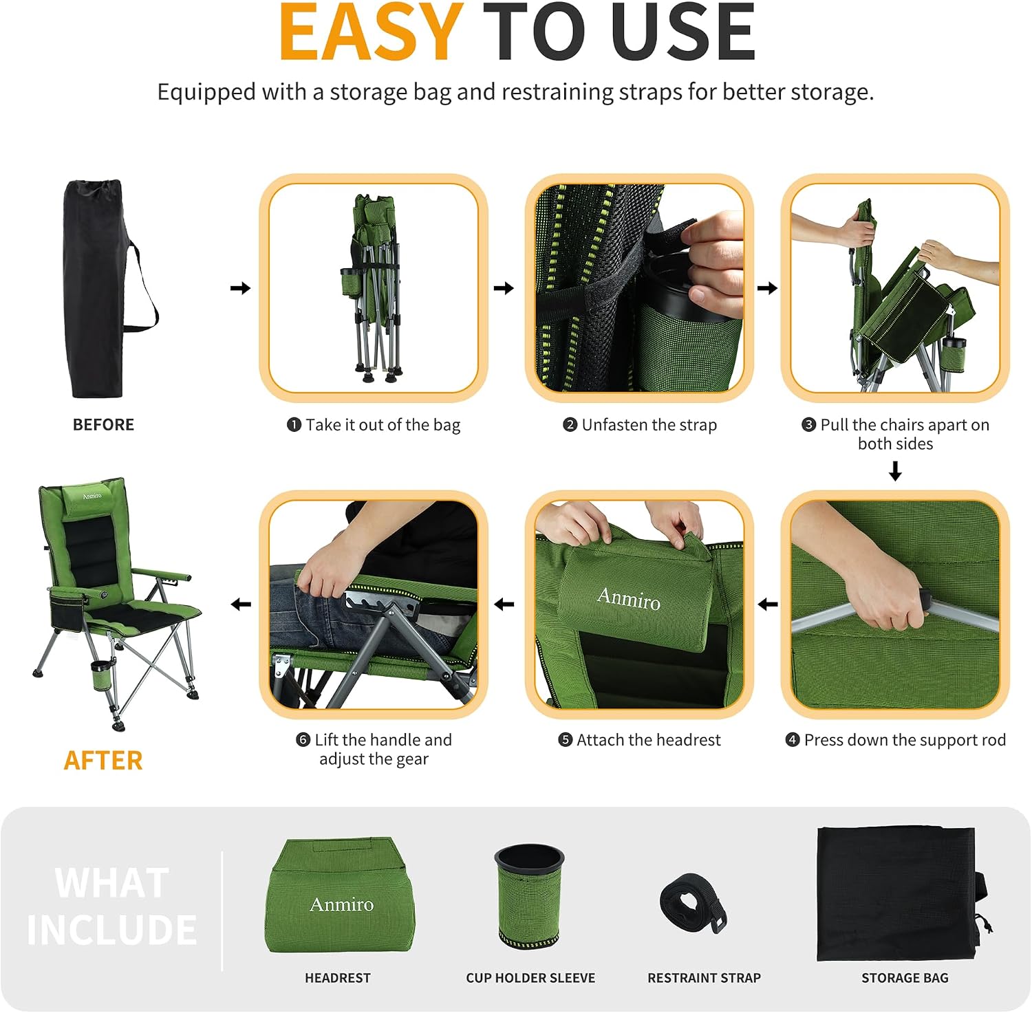 Adjustable Back Folding Camping Chair for Camp, Picnic, Lawn, Fishing | Adjustable Back; Weight Capacity 400 LBS;Hard Arm Portable Chair;Cup Holder;Storage Bag;carrying bag