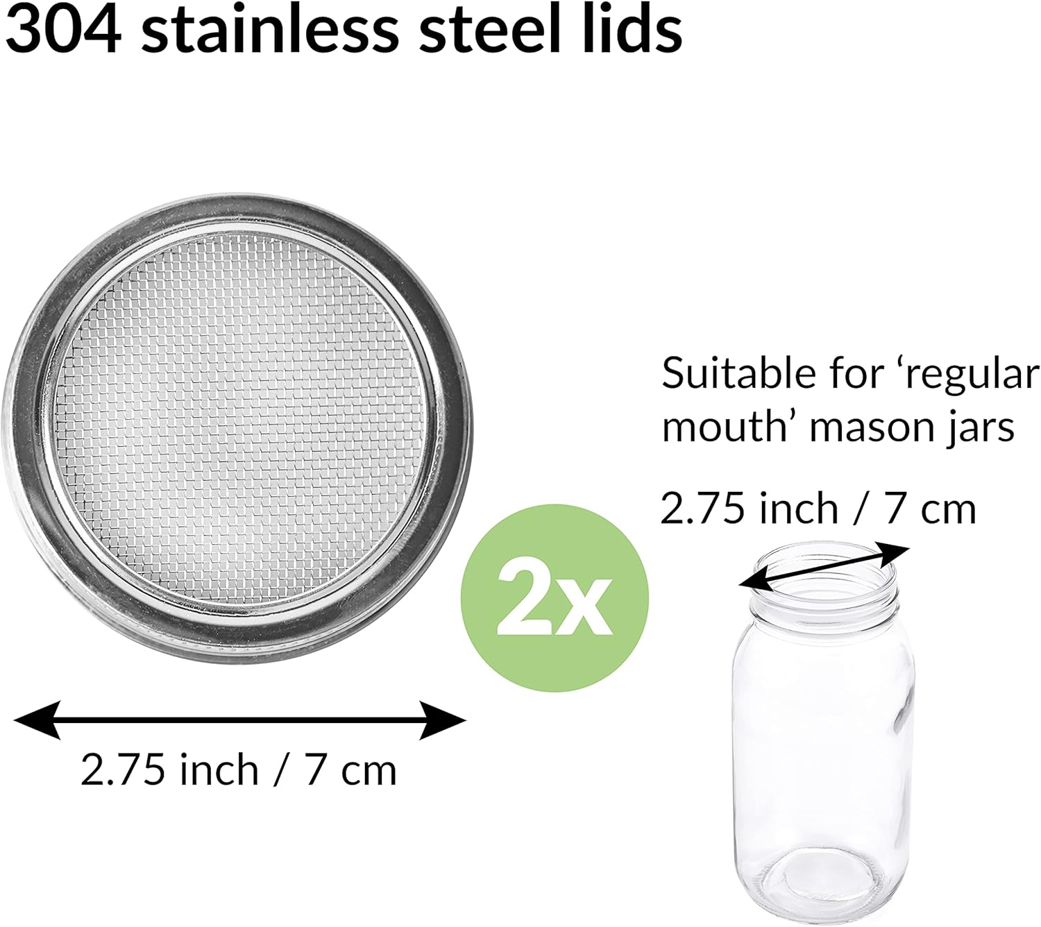 2 Pack Seed Sprouting Jar Lids | For 2.75" Regular Mouth Mason Jars | Fresh Sprouts at Home | Strainer Screen for Canning Jars | 304 Stainless Steel