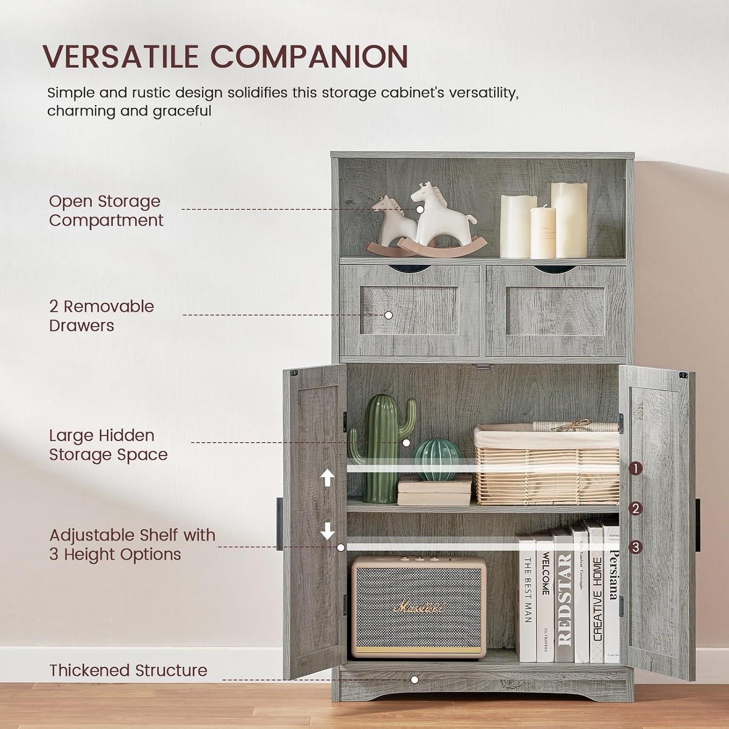 Iwell Storage Cabinet with 2 Drawers & Adjustable Shelves, Cupboard, Floor Cabinet for Living Room, Home Office, Rustic Brown