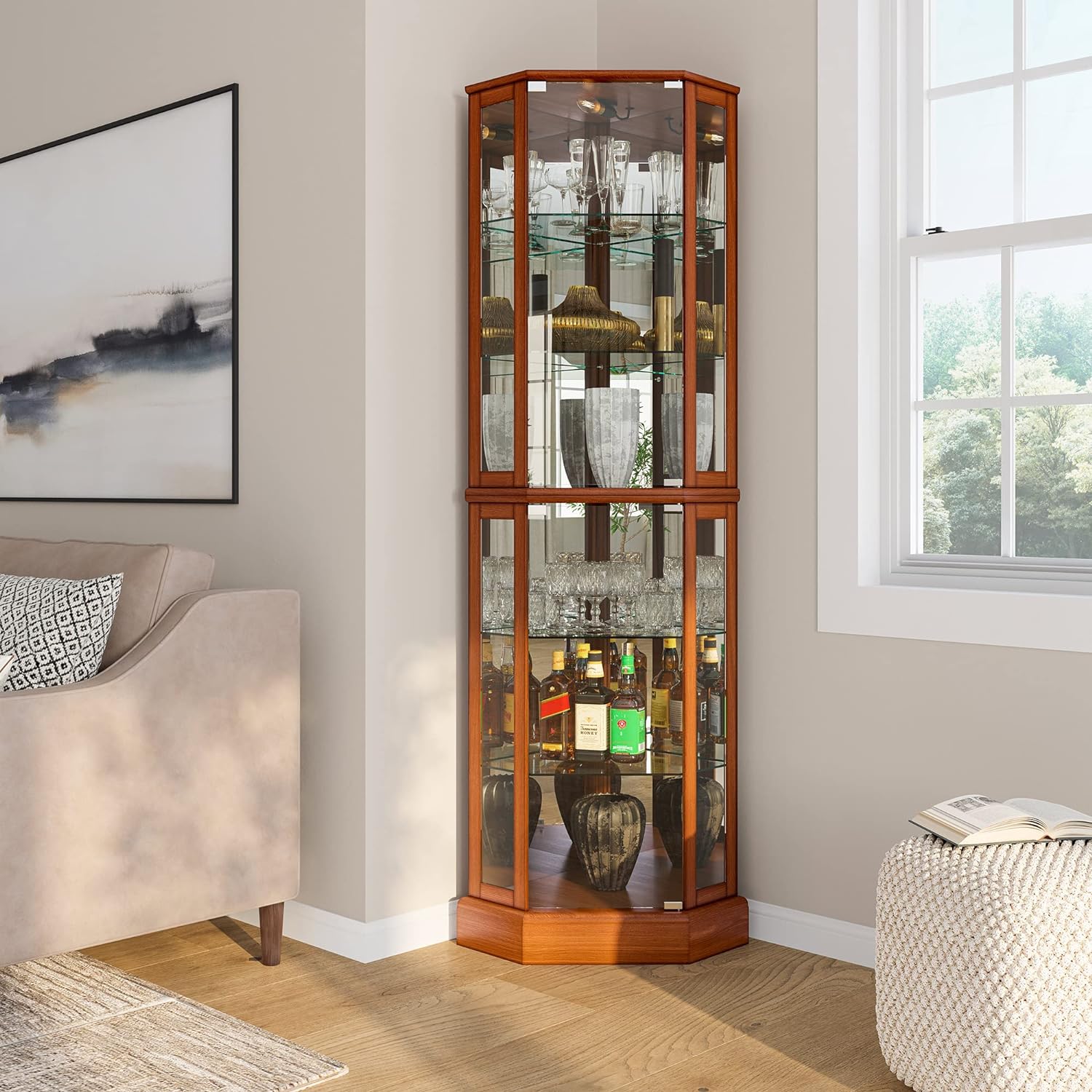 BELLEZE Lighted Corner Display Curio Cabinet Wooden Curved Shelving Unit with Tempered Glass Door