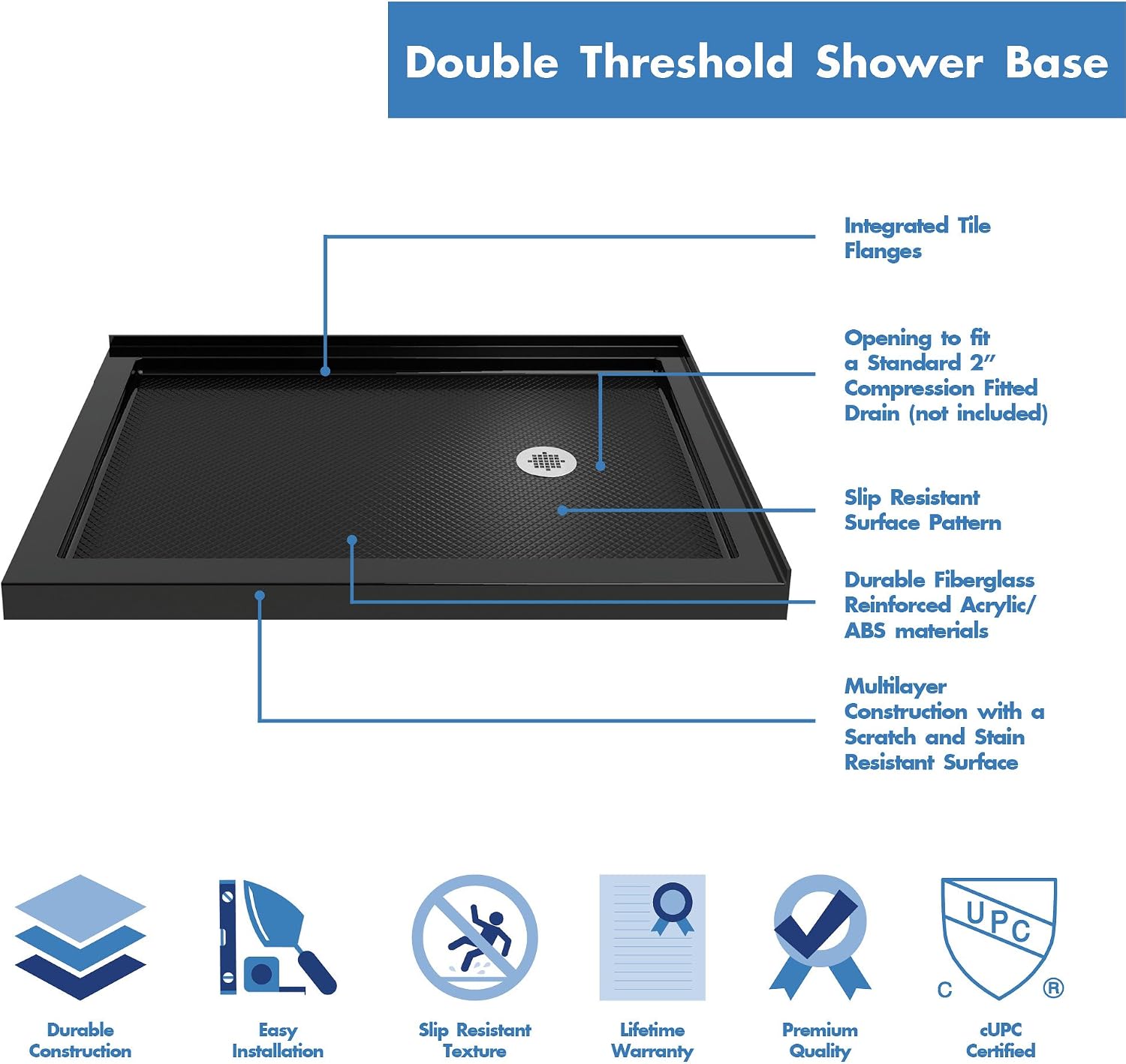 DreamLine SlimLine 34 in. D x 48 in. W x 2 3/4 in. H Right Drain Double Threshold Shower Base in White, DLT-1034482