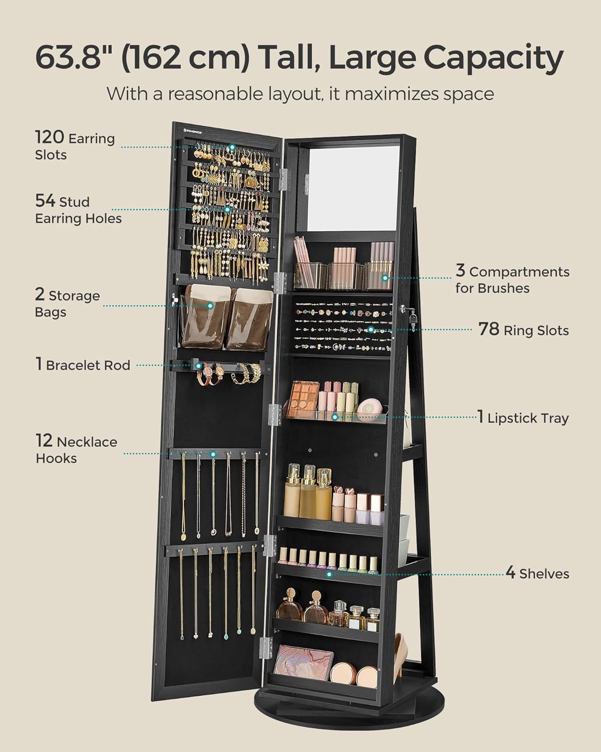 SONGMICS 360° Swivel Jewelry Cabinet, Full-Length Mirror, Lockable