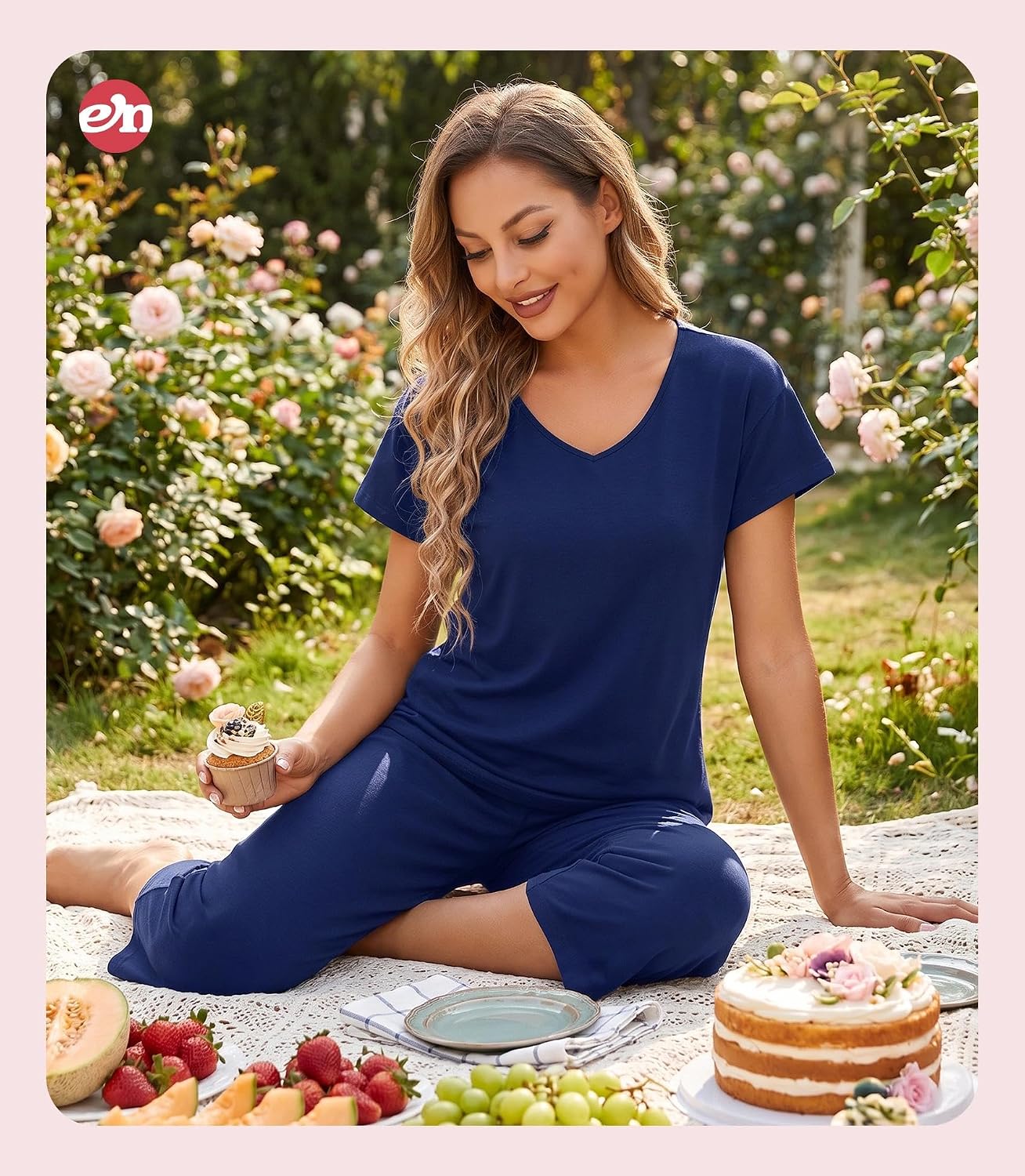 ENJOYNIGHT Womens Pajama Set Cotton Short Sleeve Top With Capri Pants Pj