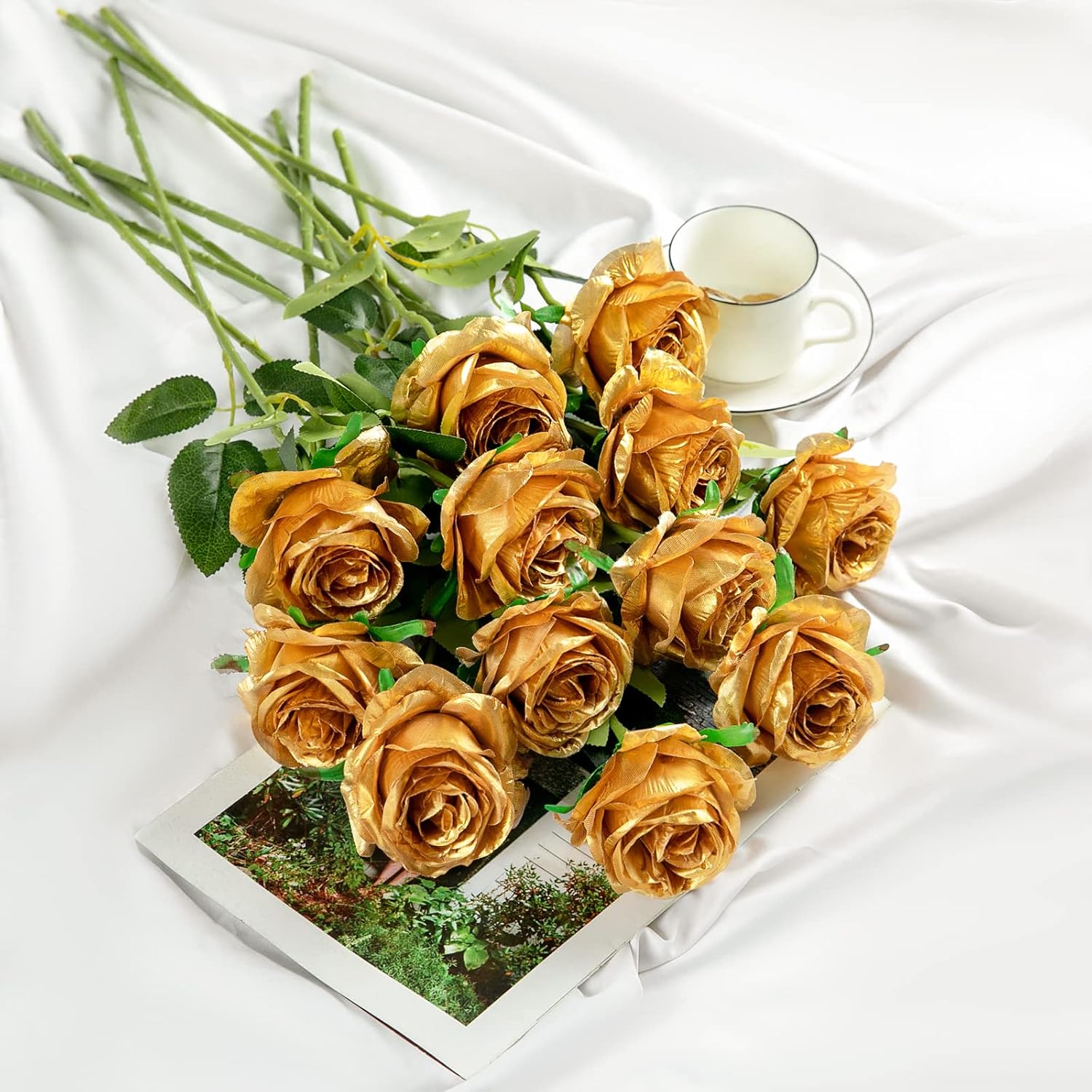 Hawesome 12PCS Artificial Silk Flowers Realistic Roses Bouquet Long Stem for Home Wedding Decoration Party (Yellow, 6 Flowers 6 Buds)