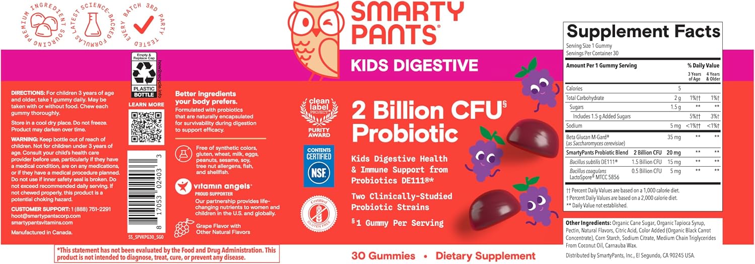 SmartyPants Kids Probiotic & Prebiotic Gummies for Digestive Health: Gut Health Supplement, Clinically Studied Prebiotic for Immune Support, Strawberry, 60 Count (30 Day Supply)