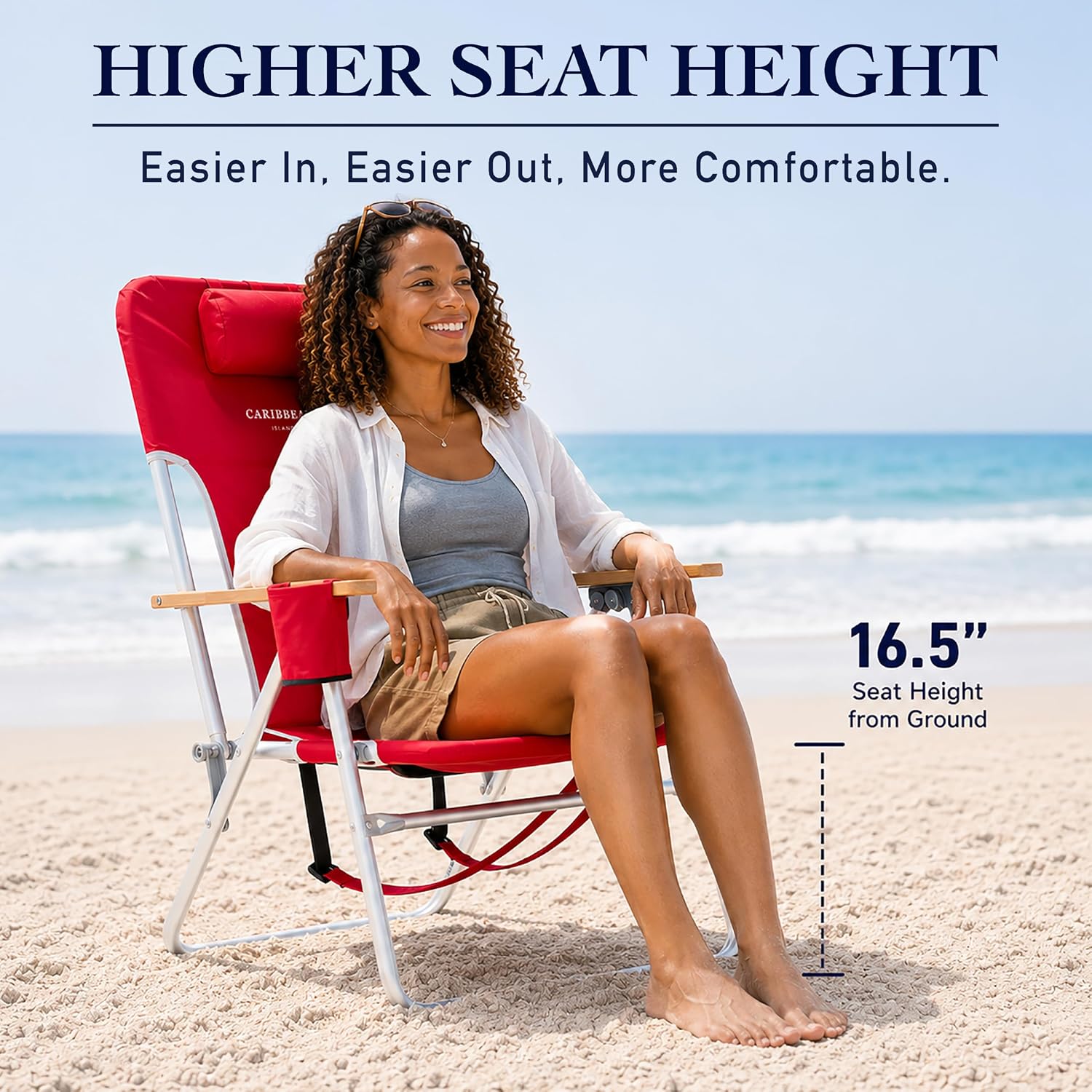 CARIBBEAN JOE Folding Beach Chair, 4 Position Portable Backpack Foldable Camping Chair with Headrest, Cup Holder, and Wooden Armrests