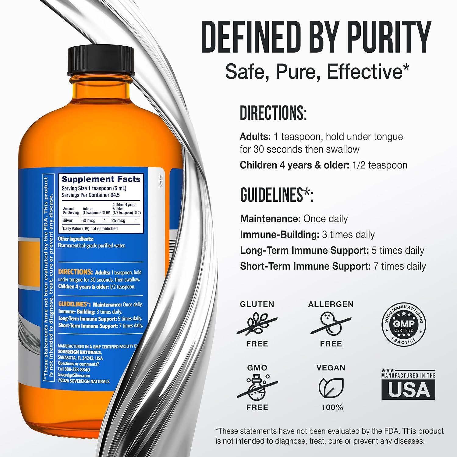 Sovereign Silver Immune Support, Colloidal Silver, 4 fl oz (118 mL) | Bio-Active Silver Hydrosol, 10 ppm, Liquid Dropper
