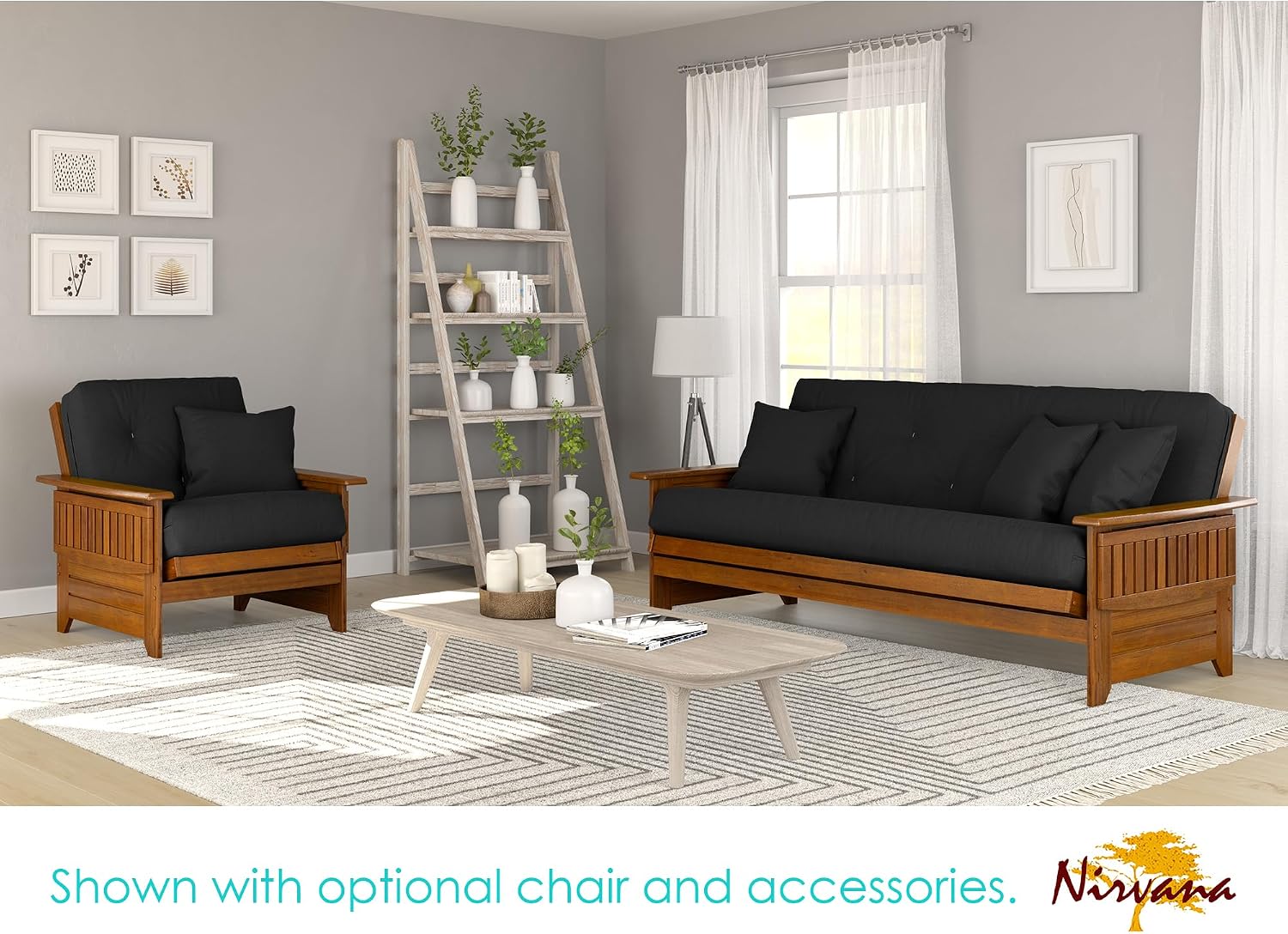 Brentwood Tray Arm Futon Sofabed Set - Queen Frame, 8" Microfiber Fudge Mattress, Heritage Finish