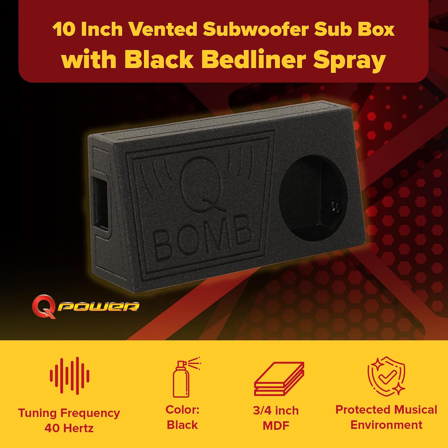 Q Power QBomb Single 12 Inch Vented Subwoofer Sub Box with Black Bedliner Spray