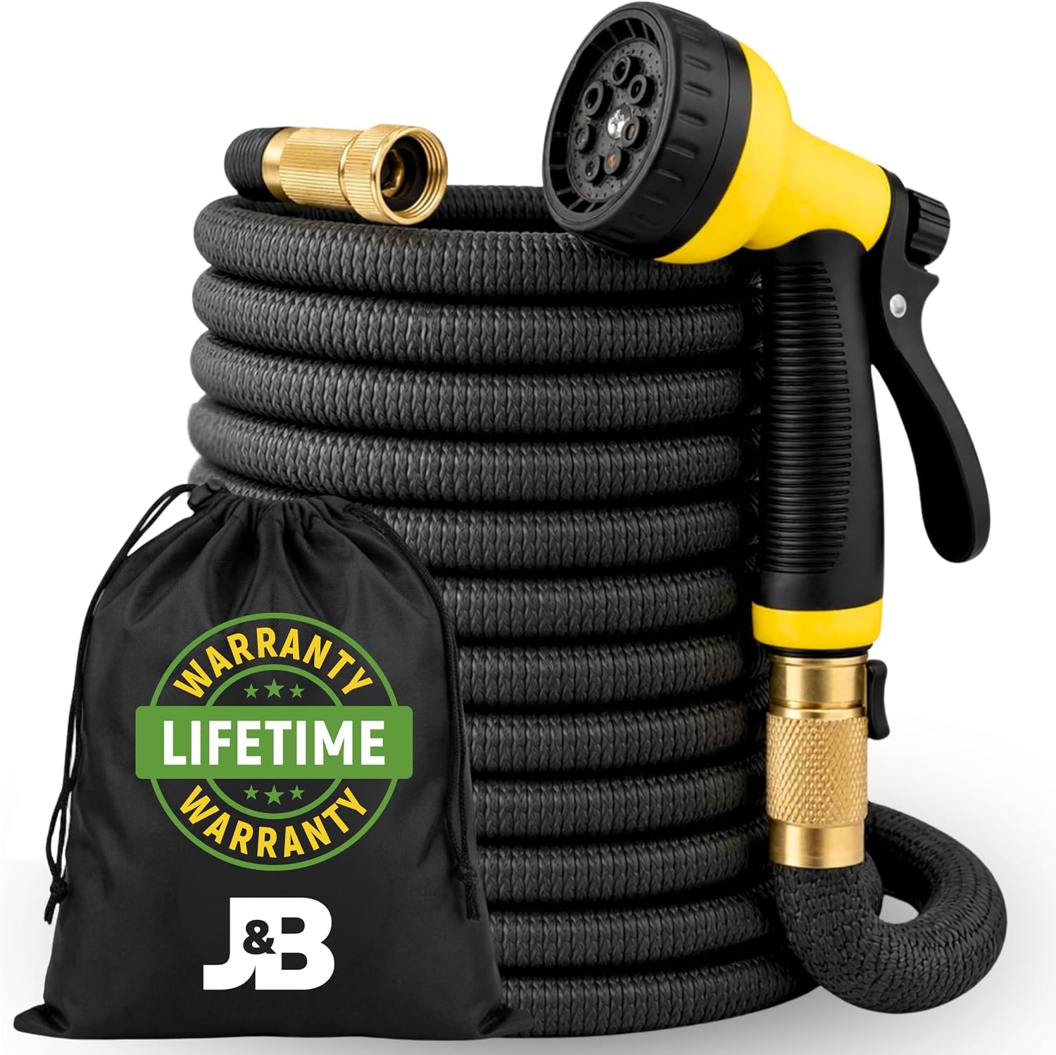 J&B XpandaHose 75ft Expandable Garden Hose, Lightweight, Brass Connectors | Ultra Strong 3750D fabric, 4-layer latex core, expands 3X, kink & leak-resistant, 10-pattern nozzle, storage bag