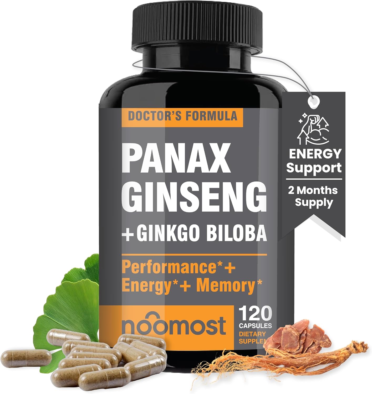Authentic Korean Red Panax Ginseng + Ginkgo Biloba, 120 Vegan Capsules, Ginseng Root Extract Powder 1000mg (10% Ginsenosides) + Gingko Biloba 60mg