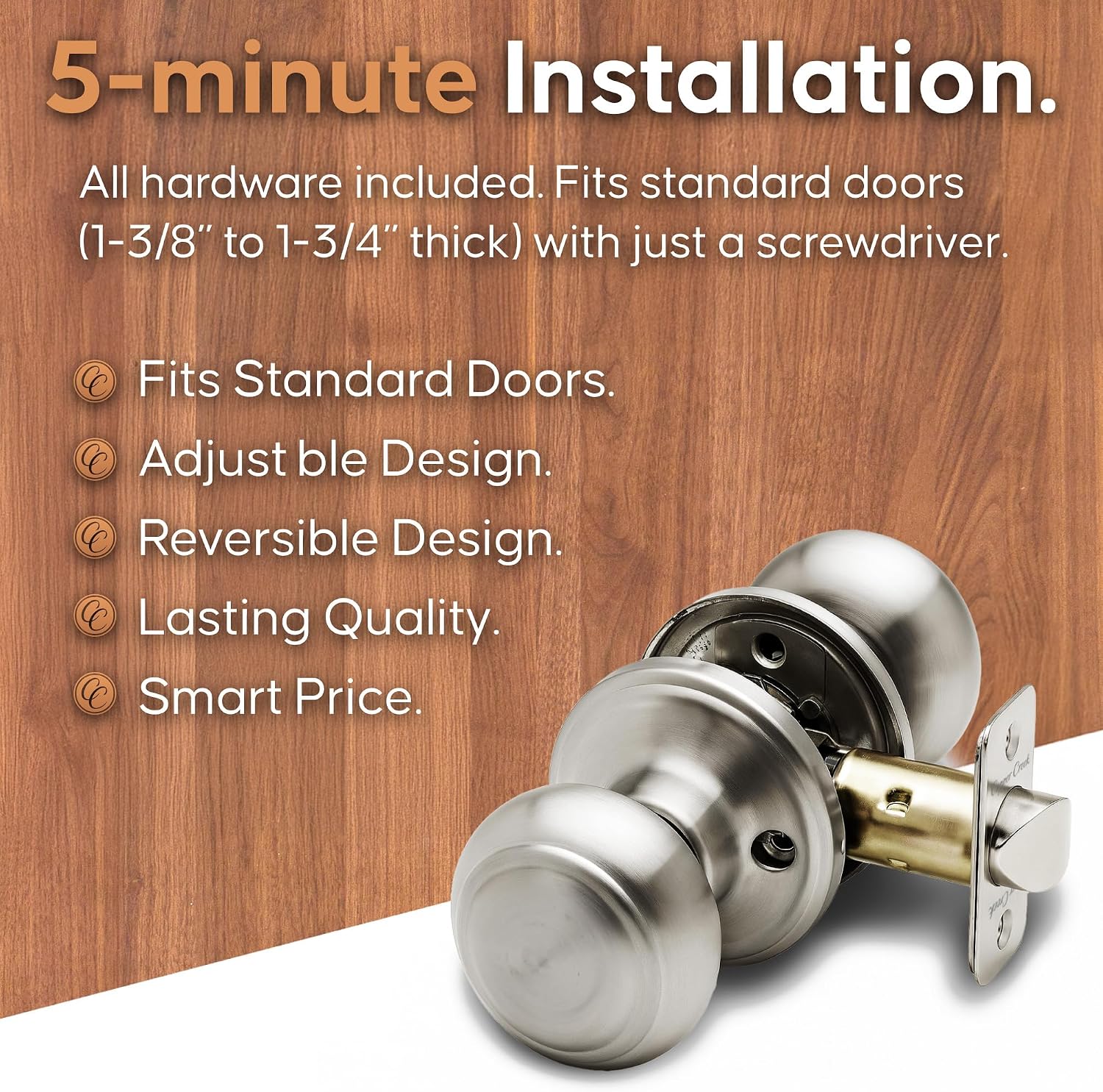 Copper Creek Colonial Privacy Interior Door Knob – ANSI Grade-3 Certified, Modern Heavy Duty Handle, Easy Install and Reversible for Bedroom, Bathroom and Closets – Satin Stainless (1 Pack)