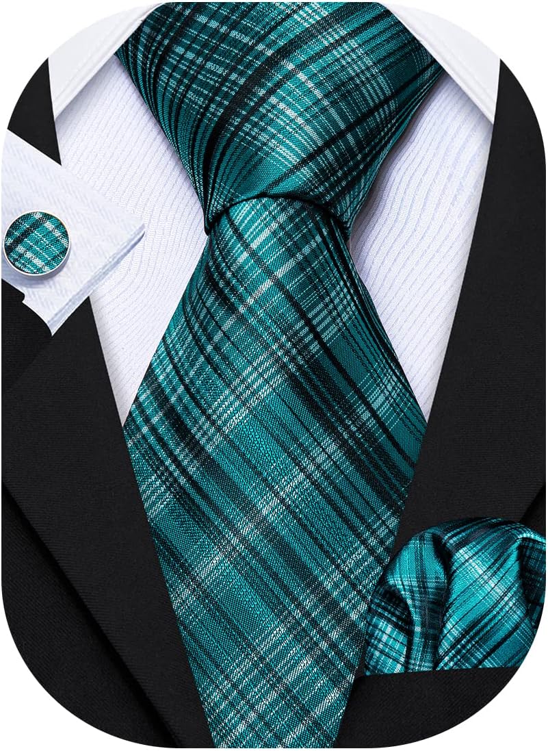 Barry.Wang Plaid Ties for Men Silk Necktie Handkerchief Cuff Links Set