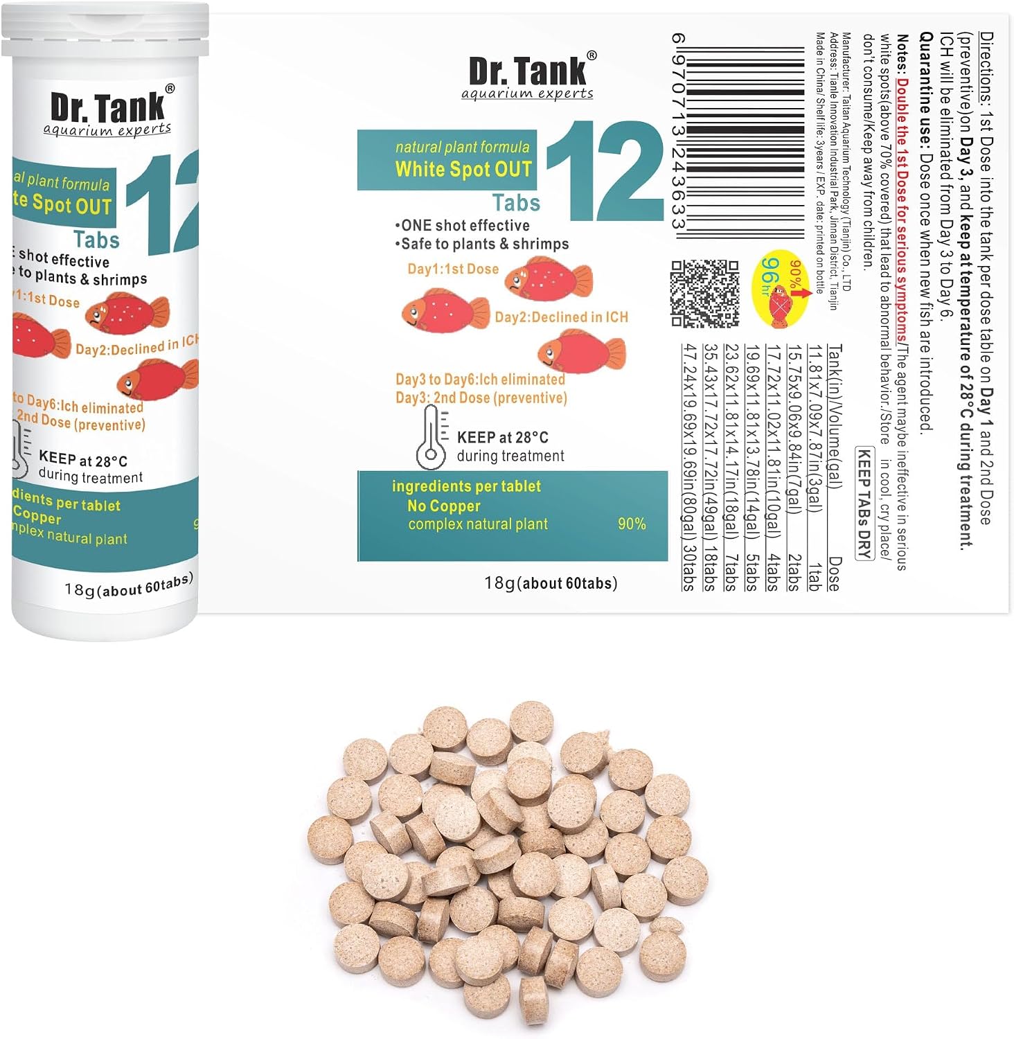 Dr. Tank #12 White Spot Out - Ich Treatment for Freshwater Fish - Eliminates Ick White Spot Disease - Safe for Aquatic Plants - 60 Tablets