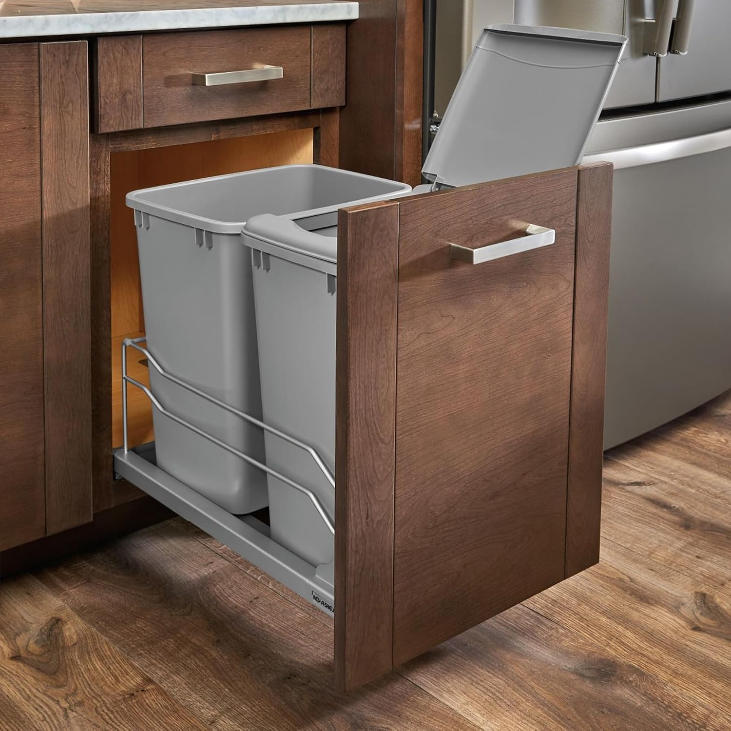 Rev-A-Shelf Double Pullout Trash Can w/Soft-Close Slides, 14.5" Min Opening | Large Capacity Garbage/ Recycling Waste Bins for Under Kitchen Cabinets, Heavy Gauge Wire Construction, 53WC-1835SCDM-217