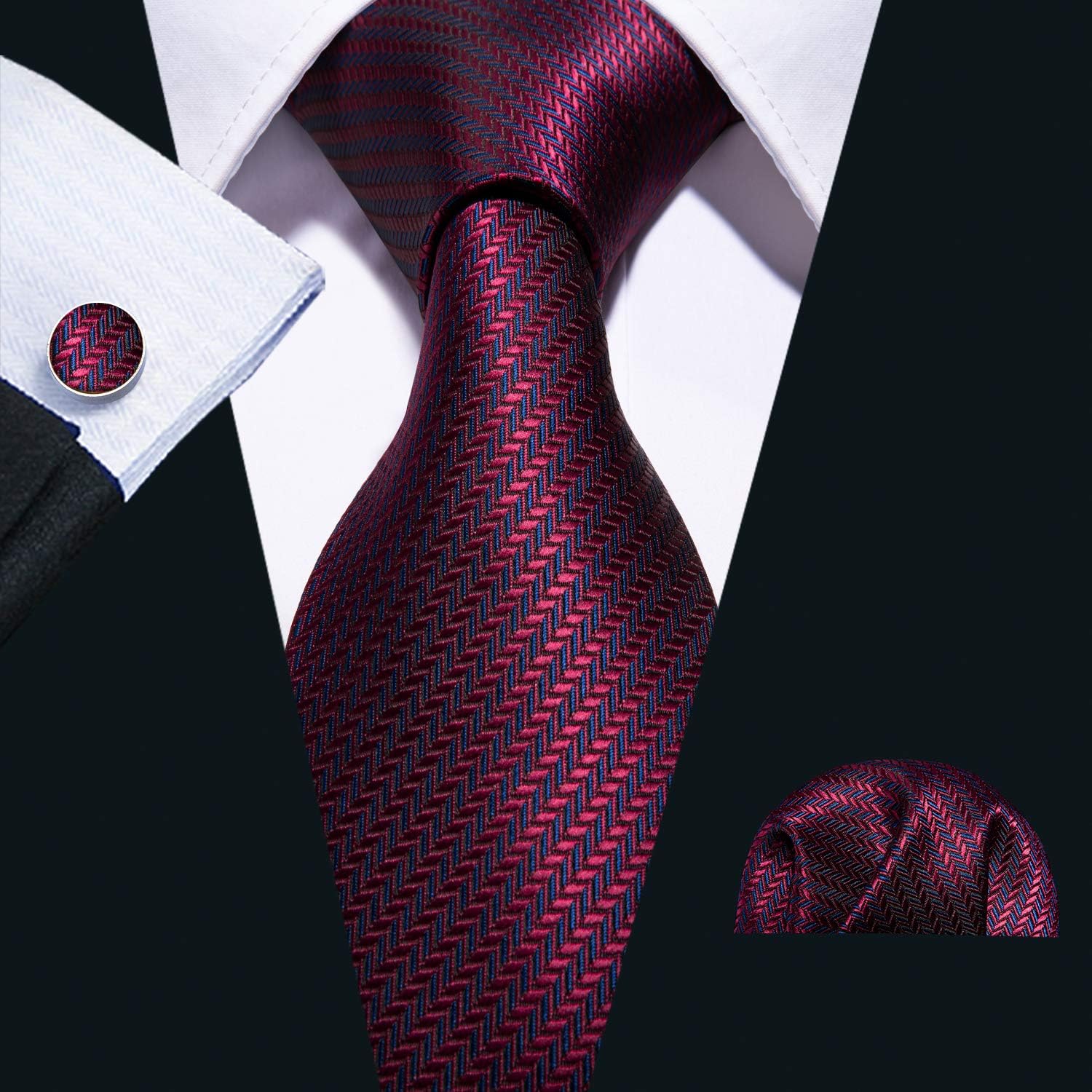 Barry.Wang Plaid Ties for Men Silk Necktie Handkerchief Cuff Links Set