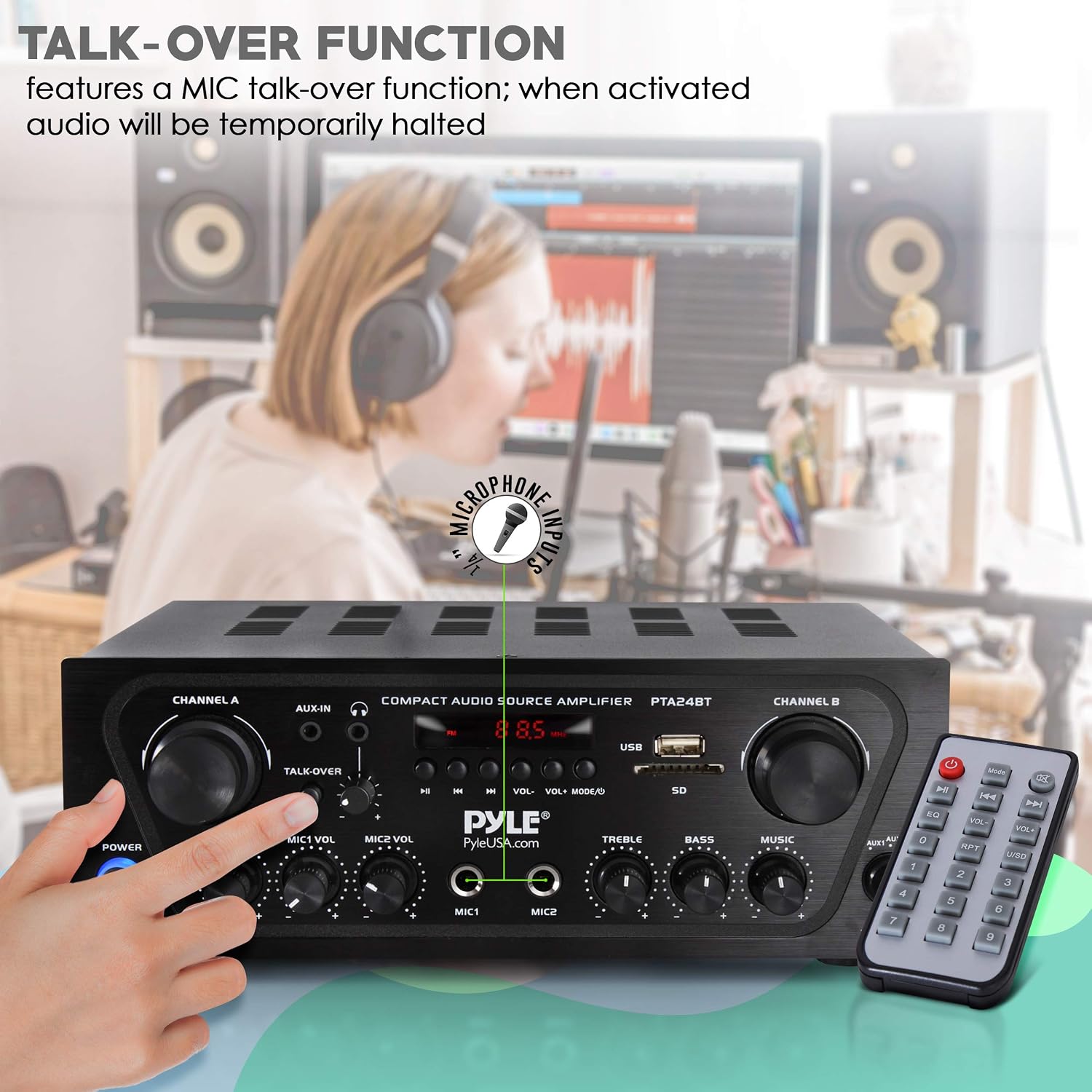 Pyle 2-Channel Bluetooth Home Stereo Amplifier - 250W Wireless Audio Receiver, Karaoke Optimized: Dual Mic In with Echo, Mic Talk-Over, FM Radio