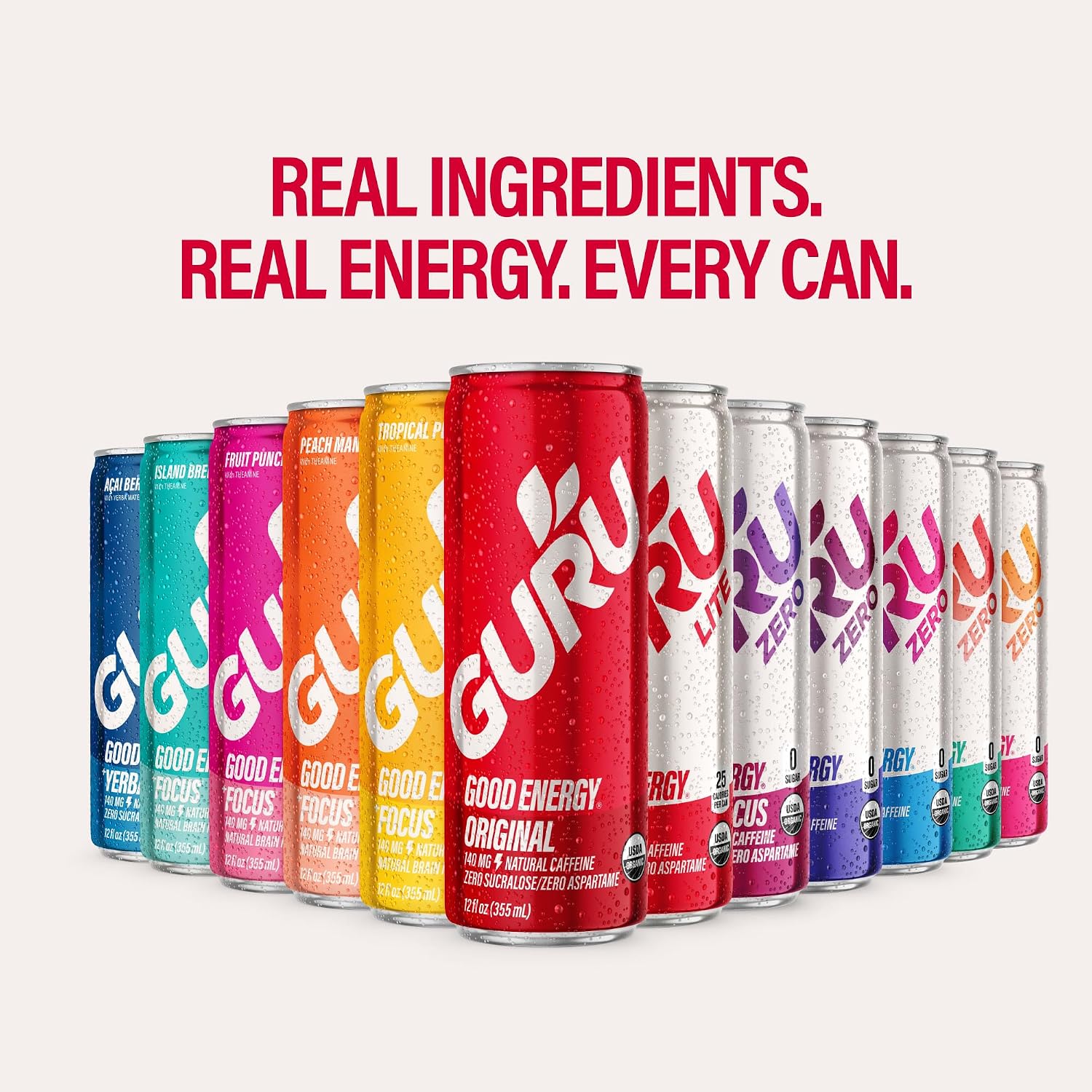 GURU Organic Energy Drink, Lite, Natural Caffeine, 8.4 Fl Oz, 24 Pack | 100 MG Natural Caffeine for Workouts, Performance & Midday Boost