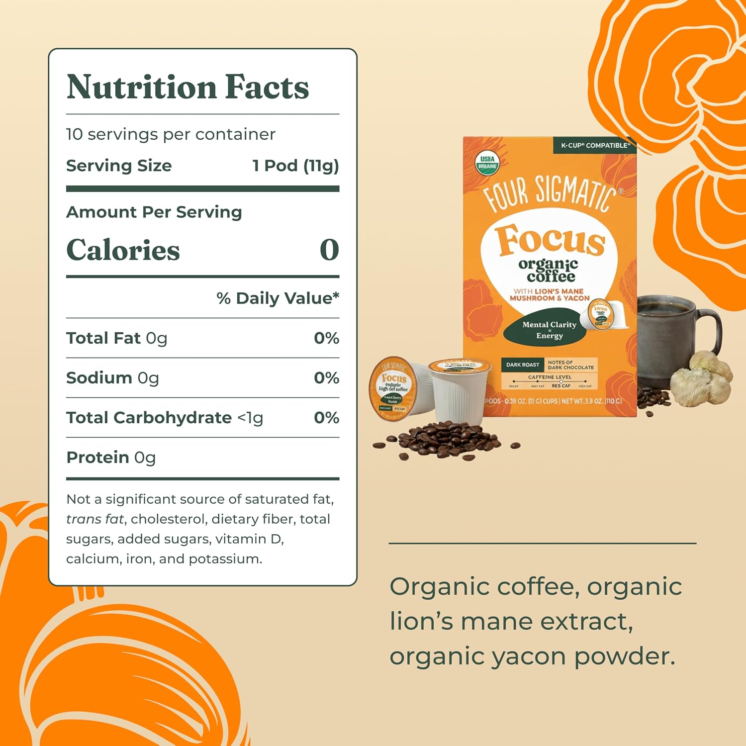 Four Sigmatic Mushroom Coffee K-Cups | Organic Dark Roast Coffee with Lion’s Mane Mushroom Powder & Yacon | Focus & Immune Support | Vegan & Keto