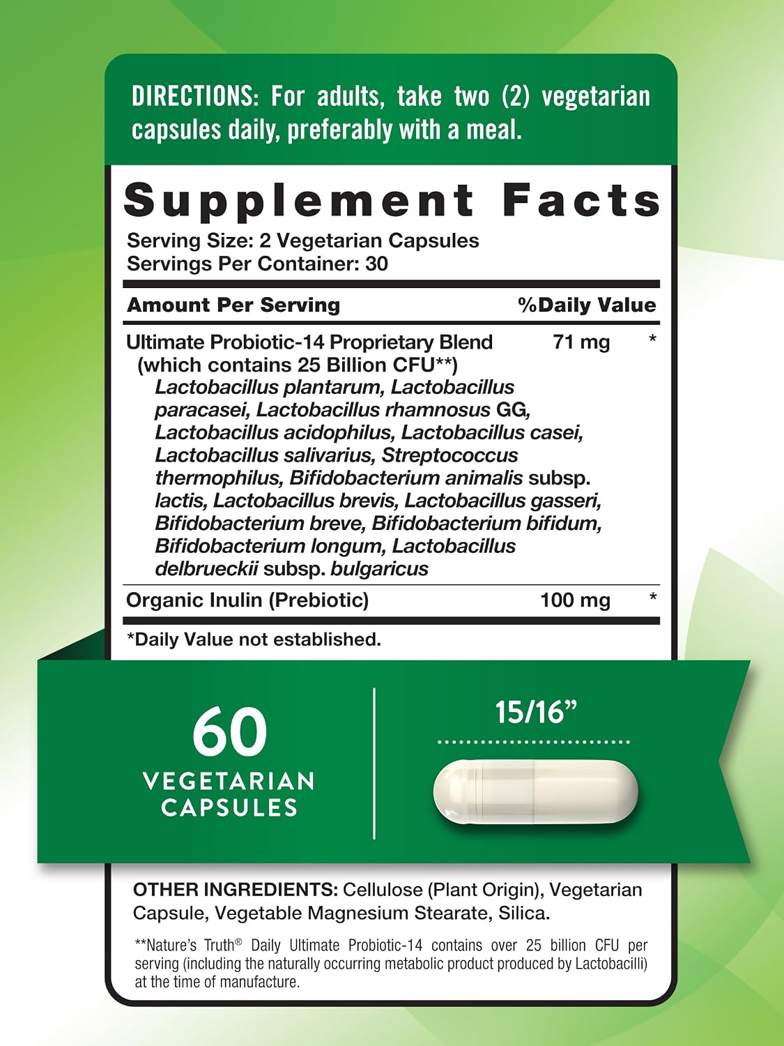 Nature's Truth Probiotics for Men and Women | 25 Billion CFU | 60 Capsules | 14 Strains | Non-GMO & Gluten Free Digestive Health Supplement | 14