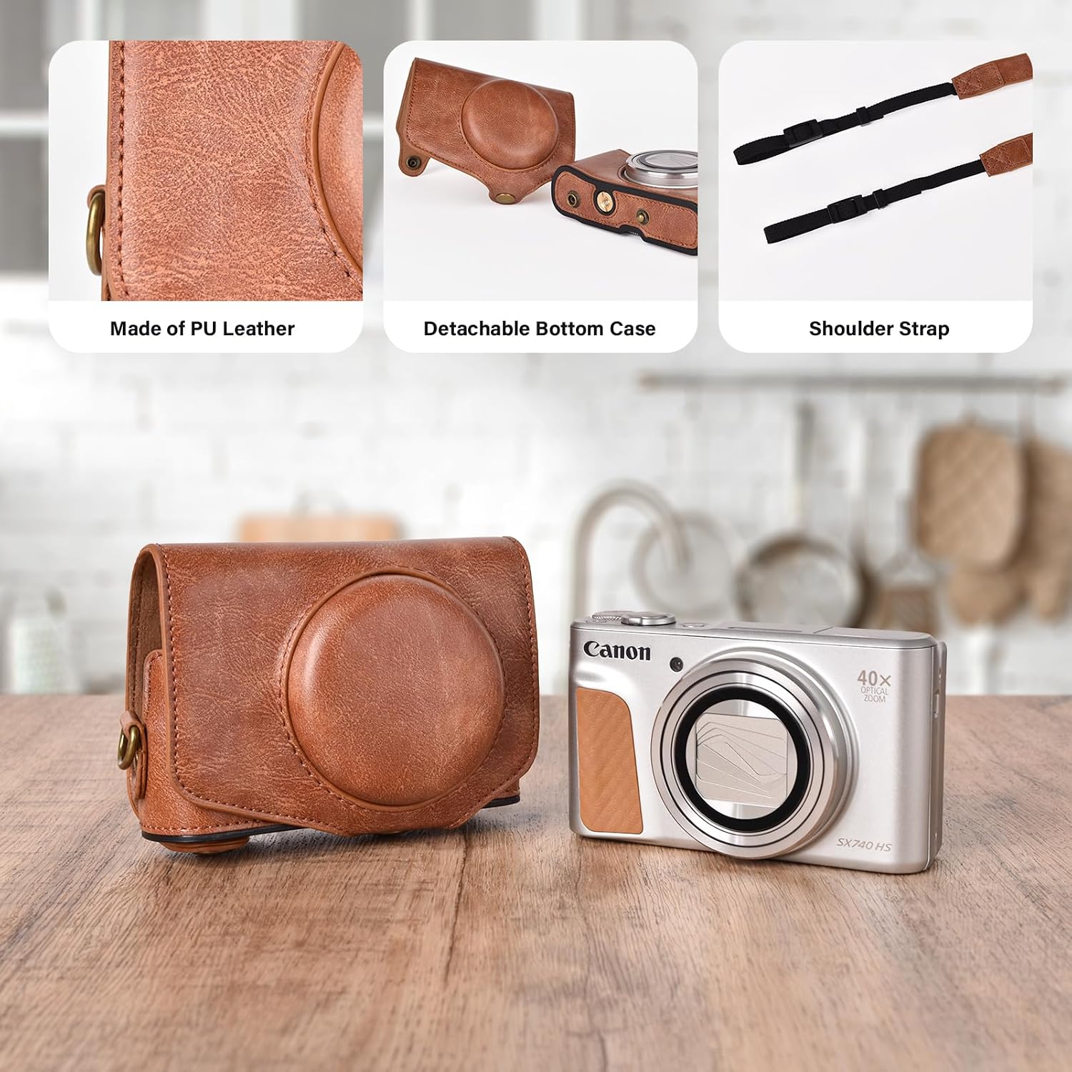 kinokoo Case for Canon PowerShot SX720 HS/SX730 HS/SX740 HS Digital Camera - PU Leather SX740 HS Protective Case Easy Carrying Bag with Adjustable Shoulder Strap - Brown