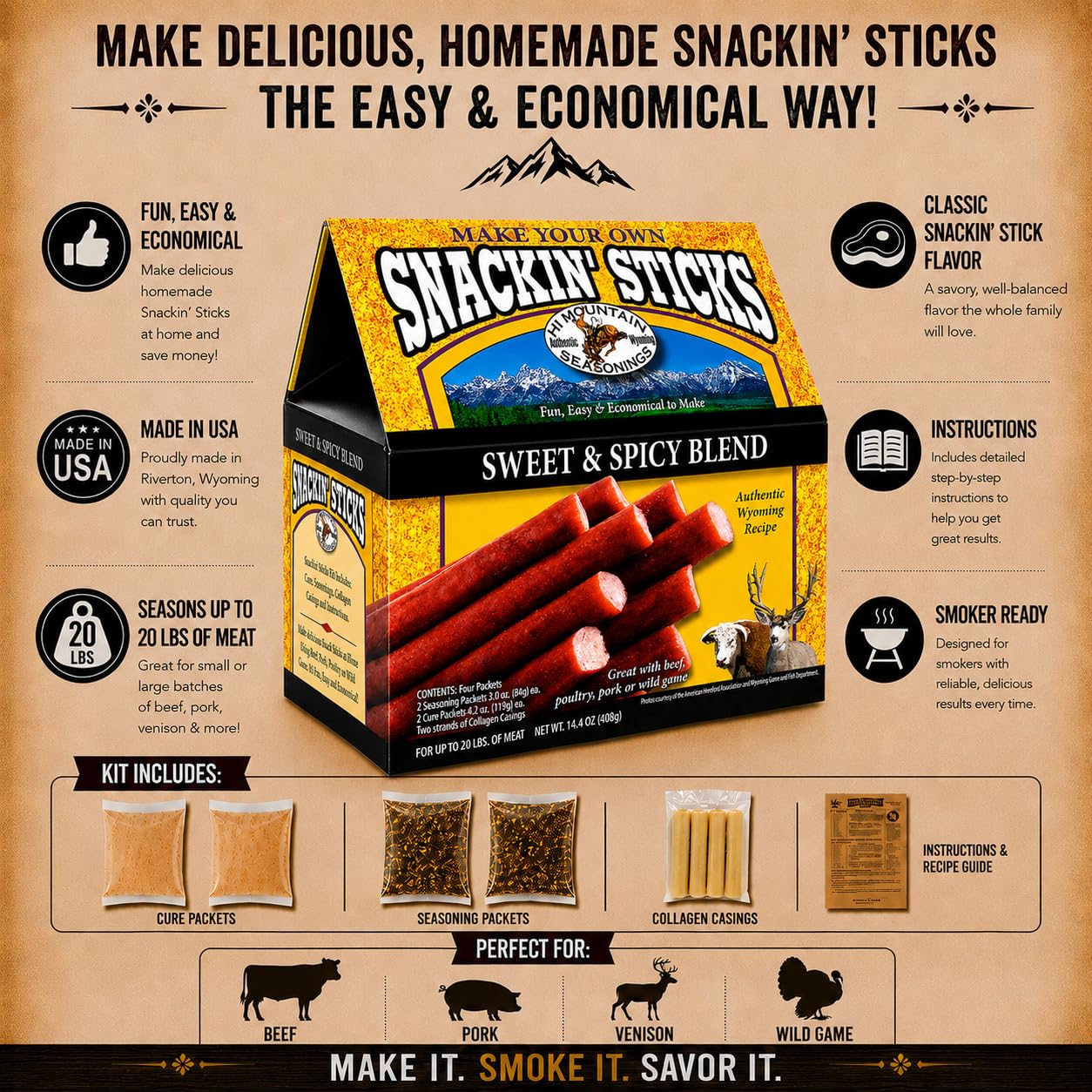 Hi Mountain Snack Stick Seasoning Kit | ORIGINAL | Makes 20 lbs | Complete Snack Stick Kit, Seasoning, Cure, Casings, & Directions Included, For Beef, Deer, Elk, Venison & Wild Game Meat