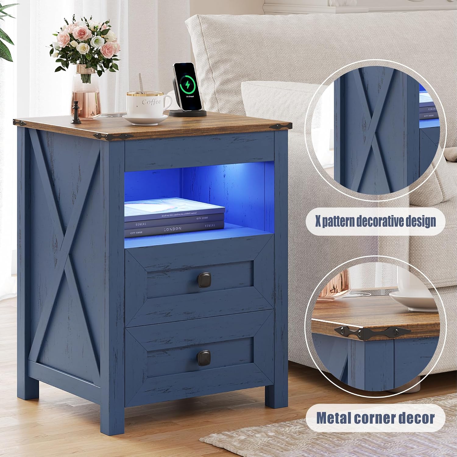 Farmhouse LED Nightstand with Gun Drawer&Invisible Lock,Modern Bedside Table with Human Sensor Design,Rustic Side Table with Wireless Charging for Living Room, Dark Oak
