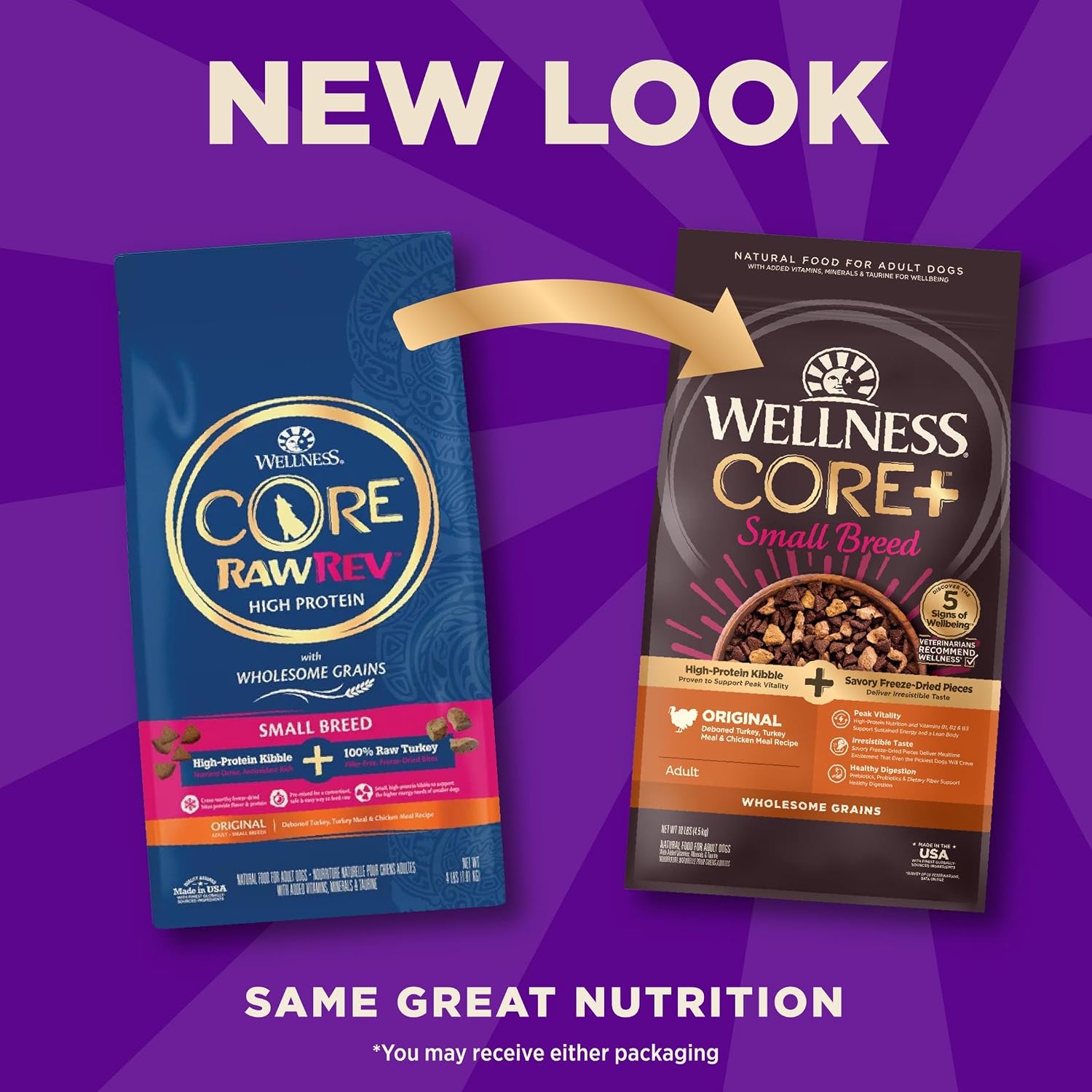 Wellness CORE+ Small Breed Adult Dry Dog Food with Freeze Dried Pieces, Wholesome Grain Kibble+, Natural, High Protein, Turkey and Chicken Recipe, 4 lb Bag