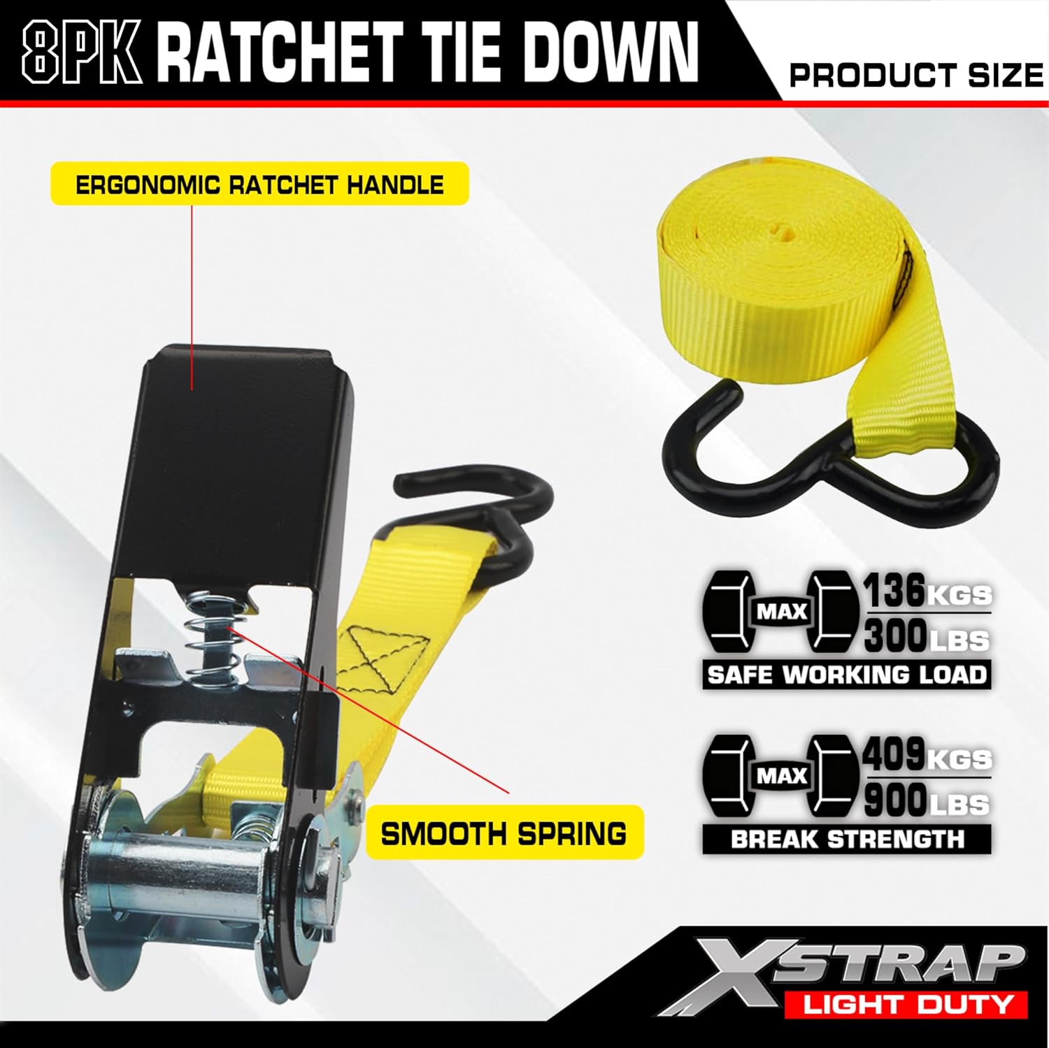 XSTRAP STANDARD 8-PK Ratchet Tie Down Straps, 1" x 10ft Cargo Strap, Yellow