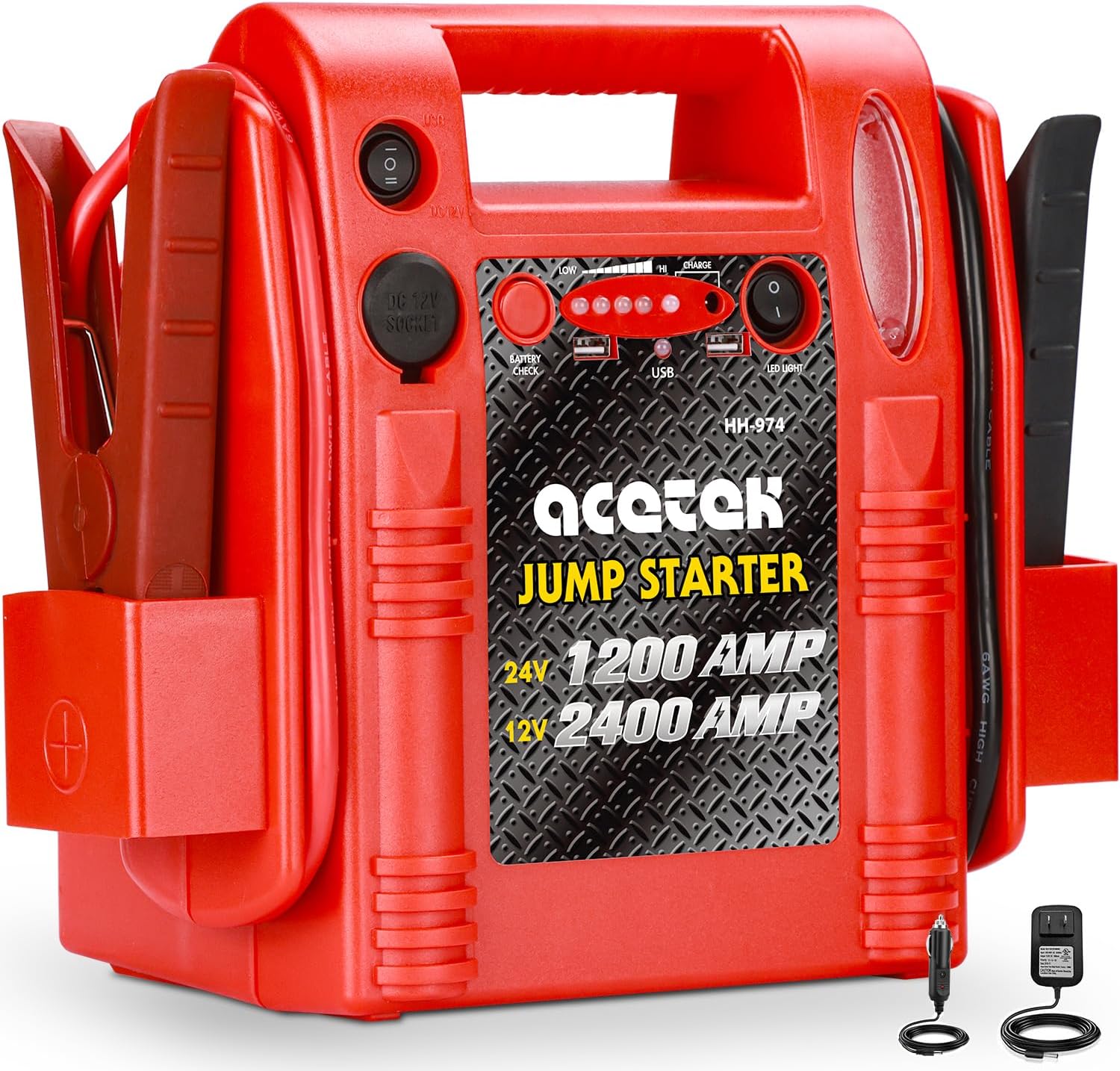 12V/24V Jump Starter, 2400/1200 Peak Amp Battery Jump Starter for Truck Car Tractor Excavator, Heavy Duty Jump Box Battery Pack with USB and DC Output