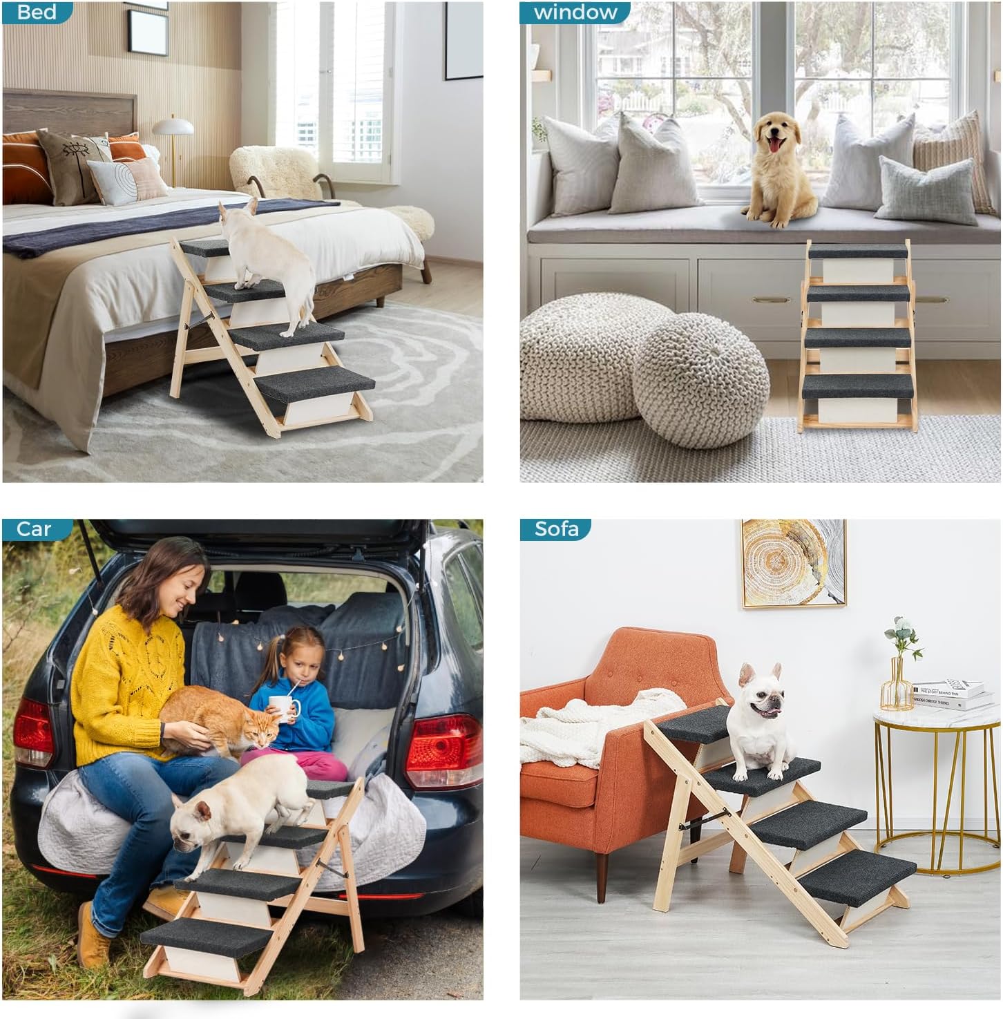 MEWANG Wood Pet Stairs & Ramp for Small/Medium Dogs & Cats, Aging Pets – 2-in-1 Foldable, Portable, Non-Slip Pet Ladder for Tall Beds, Couches