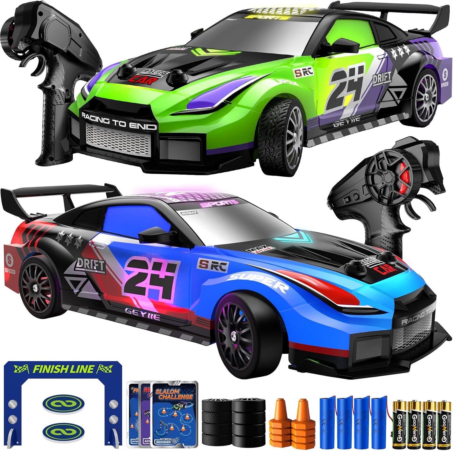 Geyiie 2 Pack RC Drift Cars for Kids, Complete 2-Player Racing Set | 1:24 Scale, LED Lights, 4 Batteries, Drift and Grip tires