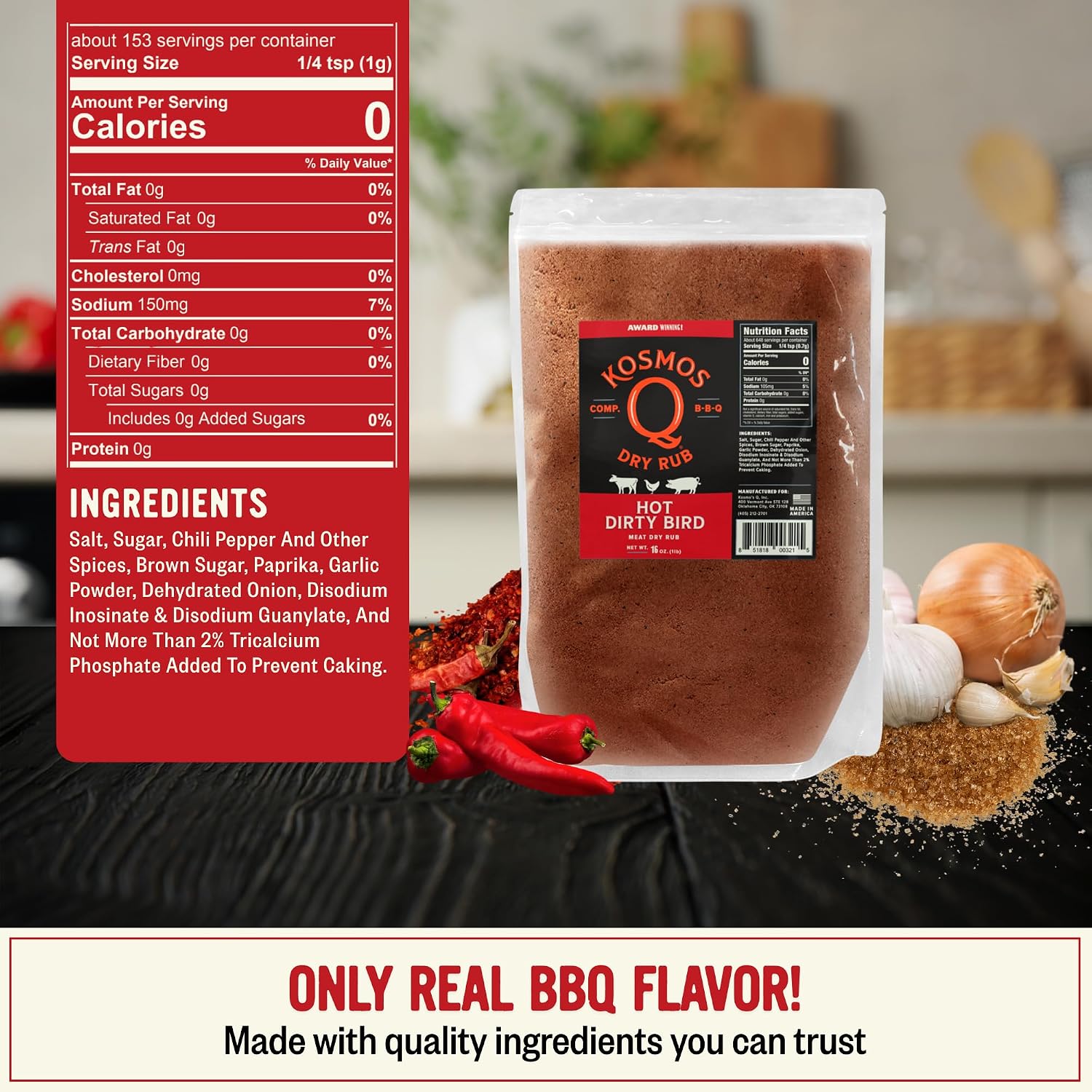 Kosmos Q Hot Dirty Bird BBQ Dry Rub, Spicy Seasoning with Chili Pepper, Brown Sugar, Garlic & Onion for Chicken, Turkey, Ribs, Pork, Dry Rub for Smoking & Grilling Meat, BBQ Spice Blend, 11 Oz Bag