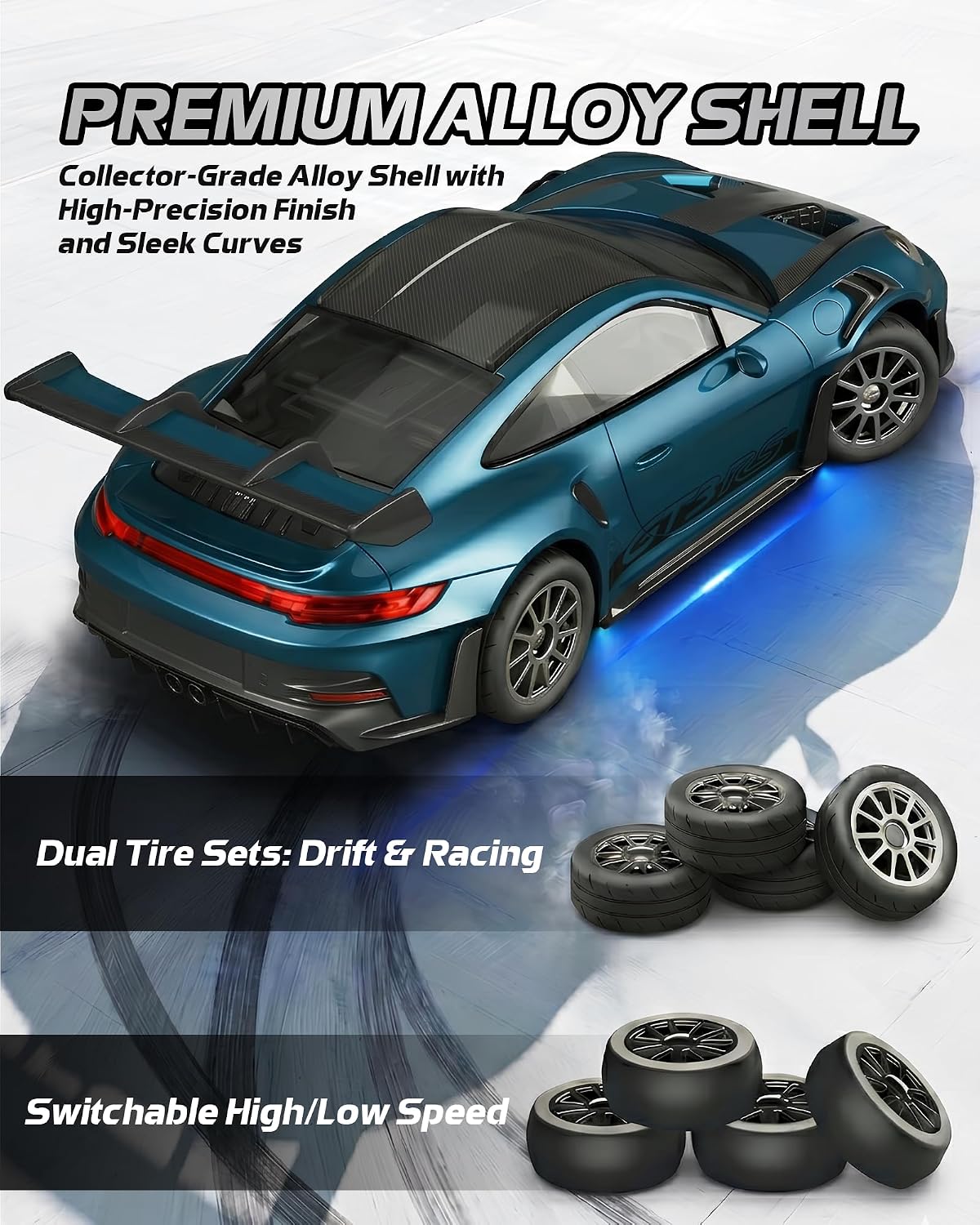 ARRIS 1/43 911 RC Drift Car 4WD with Gyro Full Proportional RTR | Alloy Body, 20KM/H Speed, Extra Drift Tires, Silent Bearings, LED Lighting