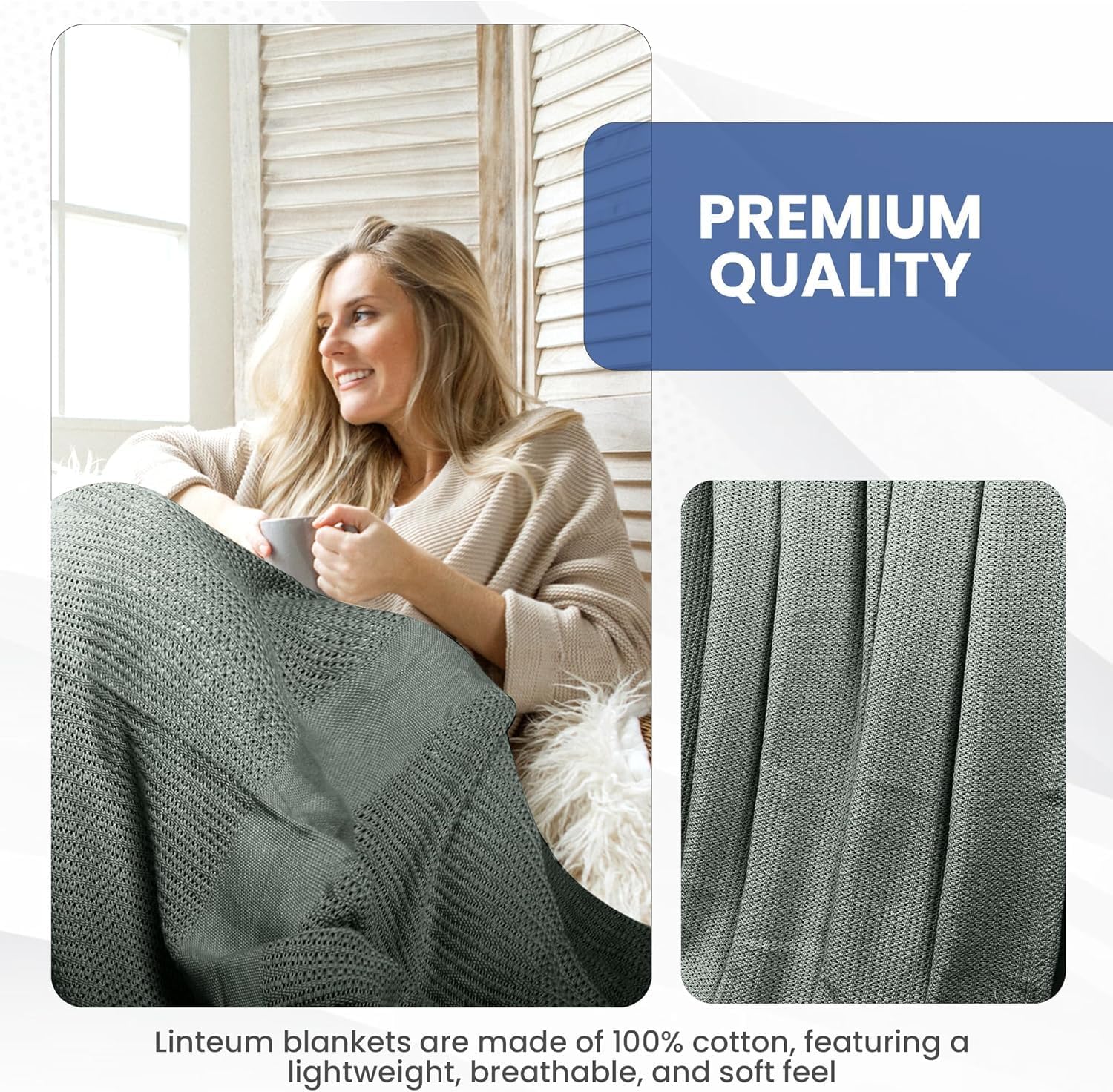 Linteum 100% Cotton Open-Cell Leno Weave Blanket — Breathable All Season — Queen 90x90 — Ice Grey