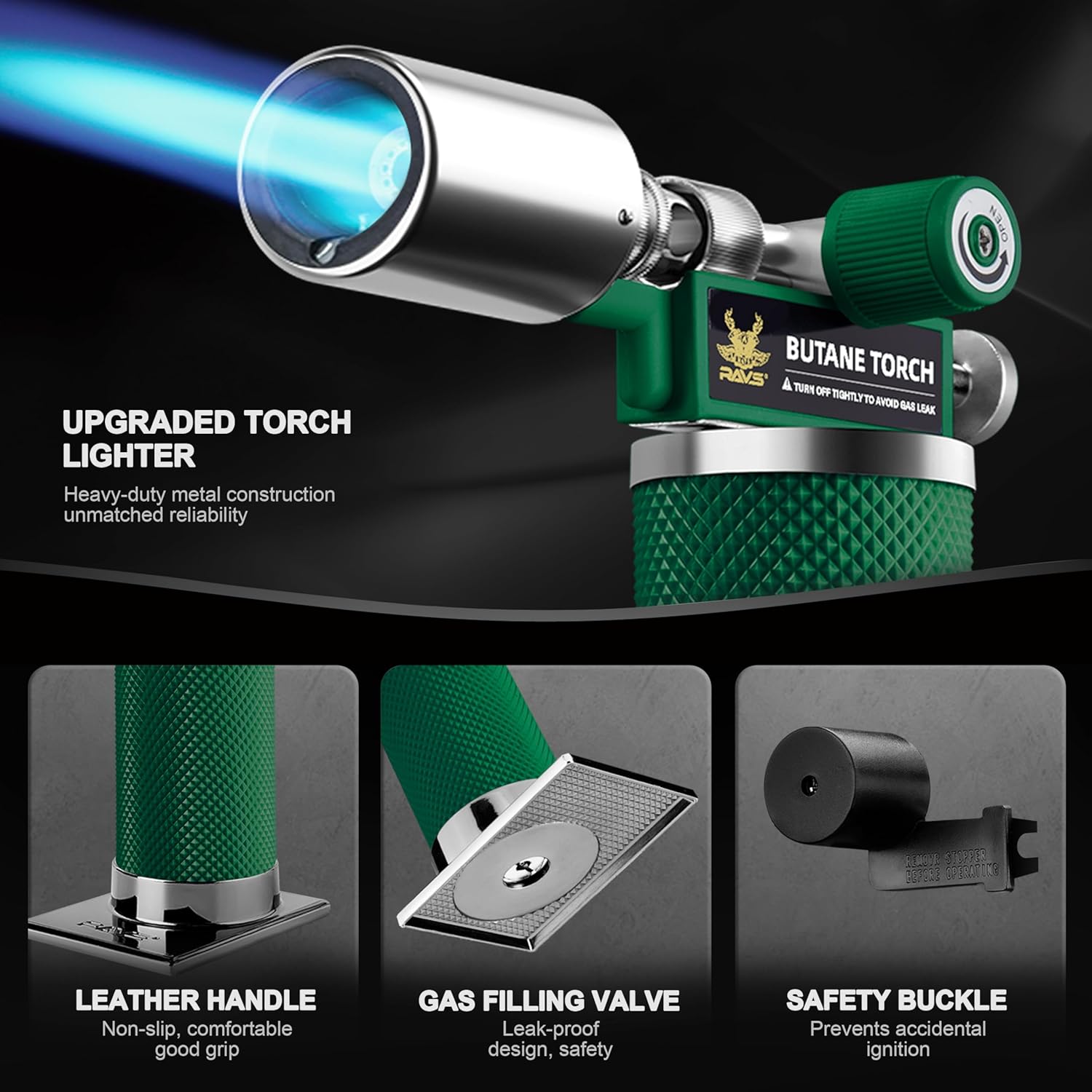 RAVS Butane Torch Lighter, Premium Metal Kitchen Torch with Adjustable Flame & Safety Buckle, Refillable Creme Brulee Torch for Baking, BBQ, DIY
