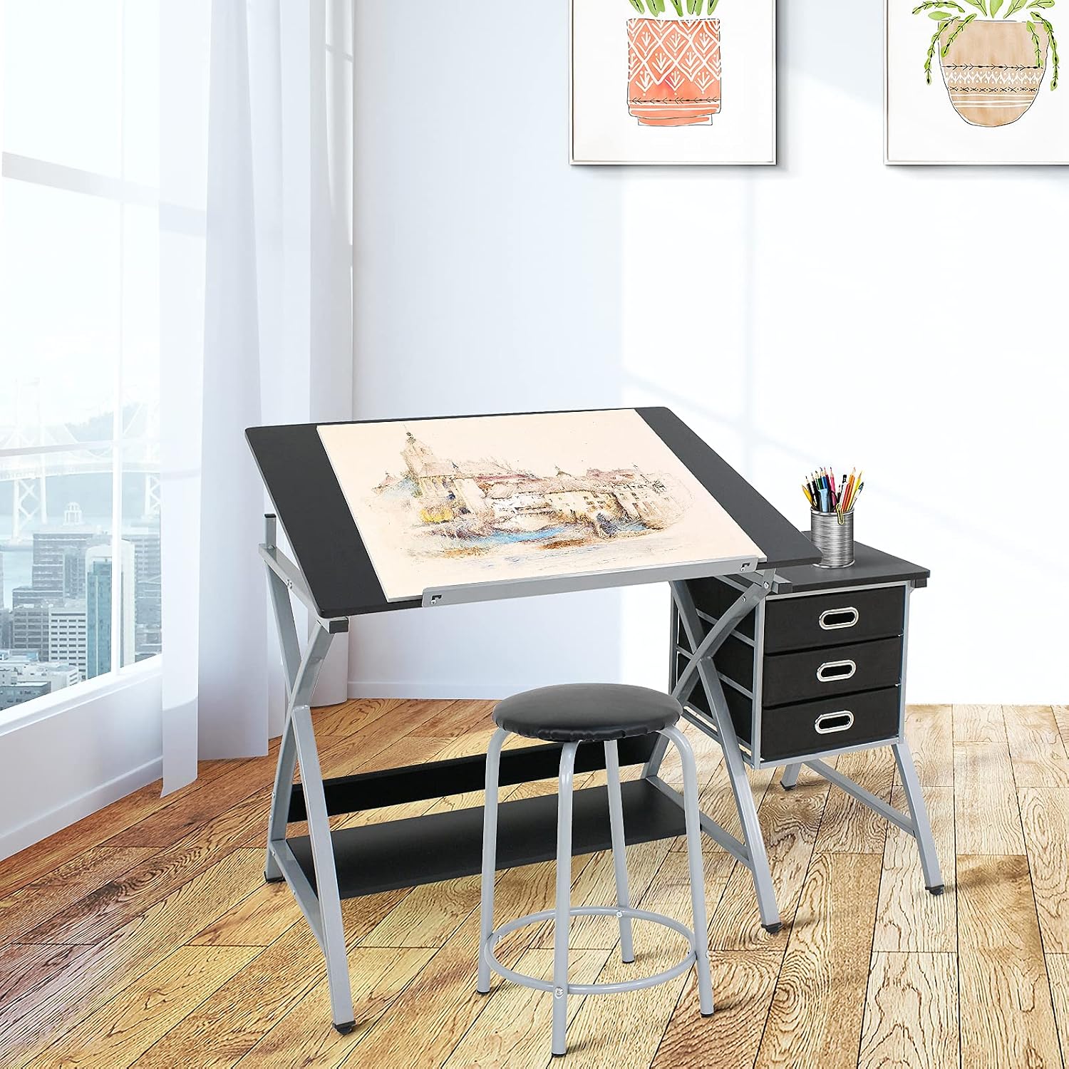 ZENY Drafting Table and Stool, Tilted Draft Table Desk w/Drawers, Artist Drawing Desk Craft Table for Drafting, Painting, Reading, Writing