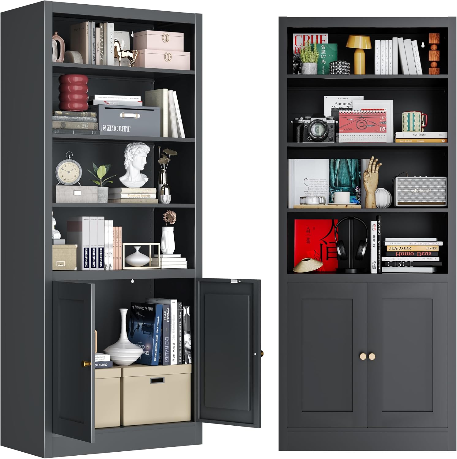 66 in Black Heavy Duty Metal Bookshelf, 5-Tier Adjustable Tall Bookcase, Industrial Floor Standing Storage Shelf 180 lbs Load Per Shelf for Living Room Home Office Bedroom Garage