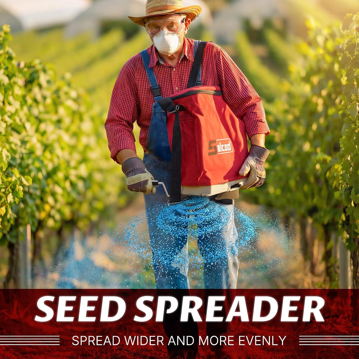 Salcod 25 lb Bag Seed Spreader, Handheld Broadcast Fertilizer Spreader, Red | Waterproof Bag, Enclosed Gears, Rear Baffle, Adjustable Shoulder Strap