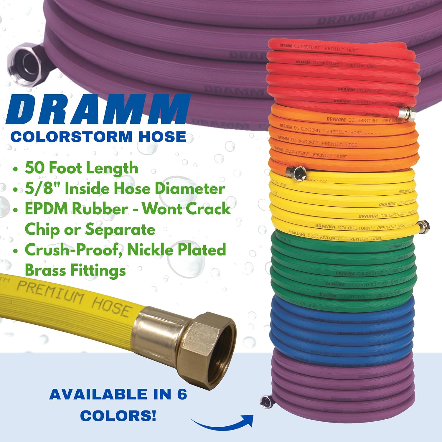 Dramm ColorStorm Premium Rubber Garden Hose – 100 ft Heavy Duty 3/4" Water Hose – Kink Resistant, Crush-Proof Nickel-Plated Couplings – Made in USA - Yellow