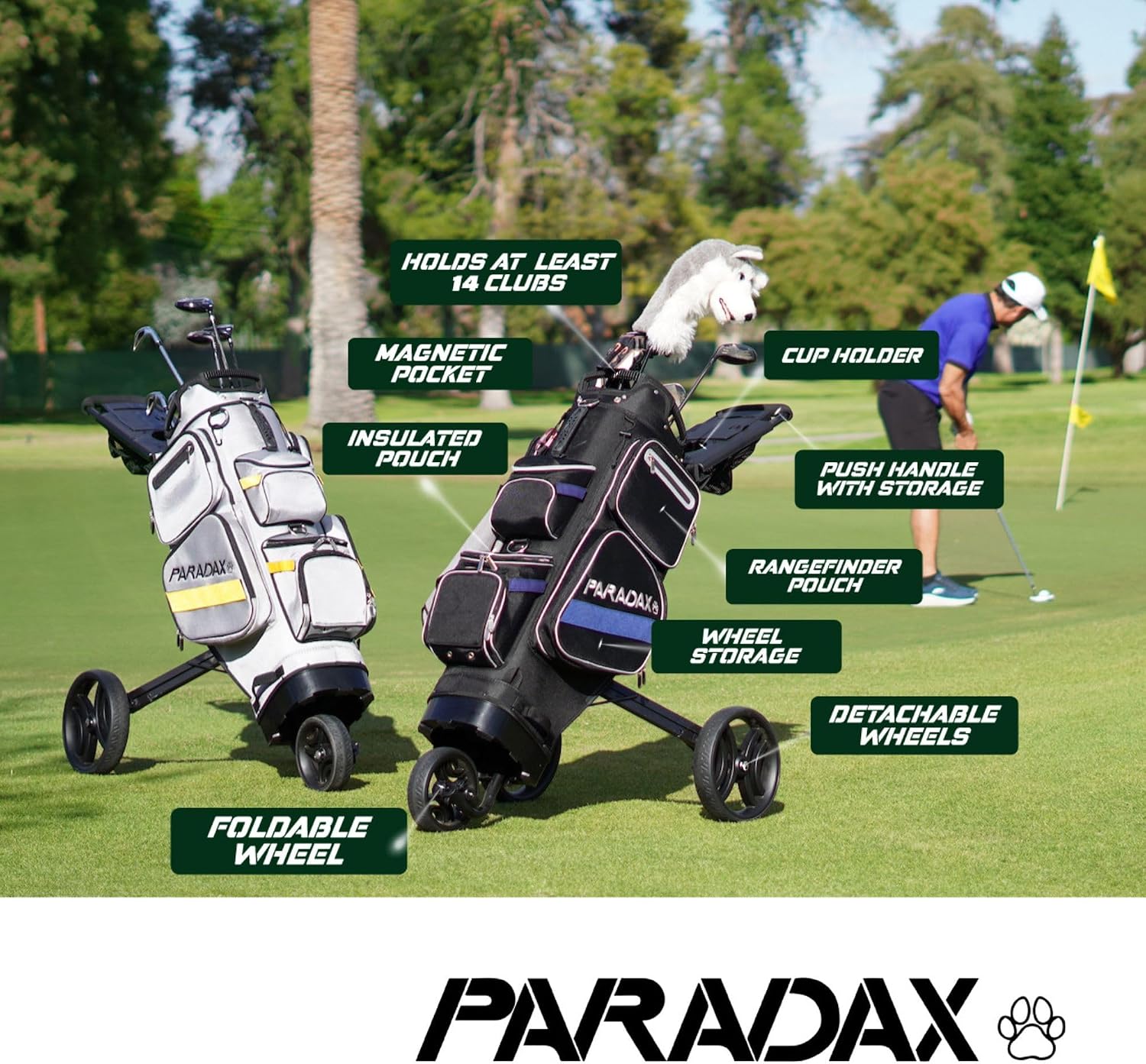 PARADAX A1-1 All-in-One Golf Bag - Cart Built Inside The Bag! | Cart hides Inside The Golf Bag Within Seconds. Push Golf Bag and Cart | Golf Bag and Cart Combo | Golf Bag with Wheels