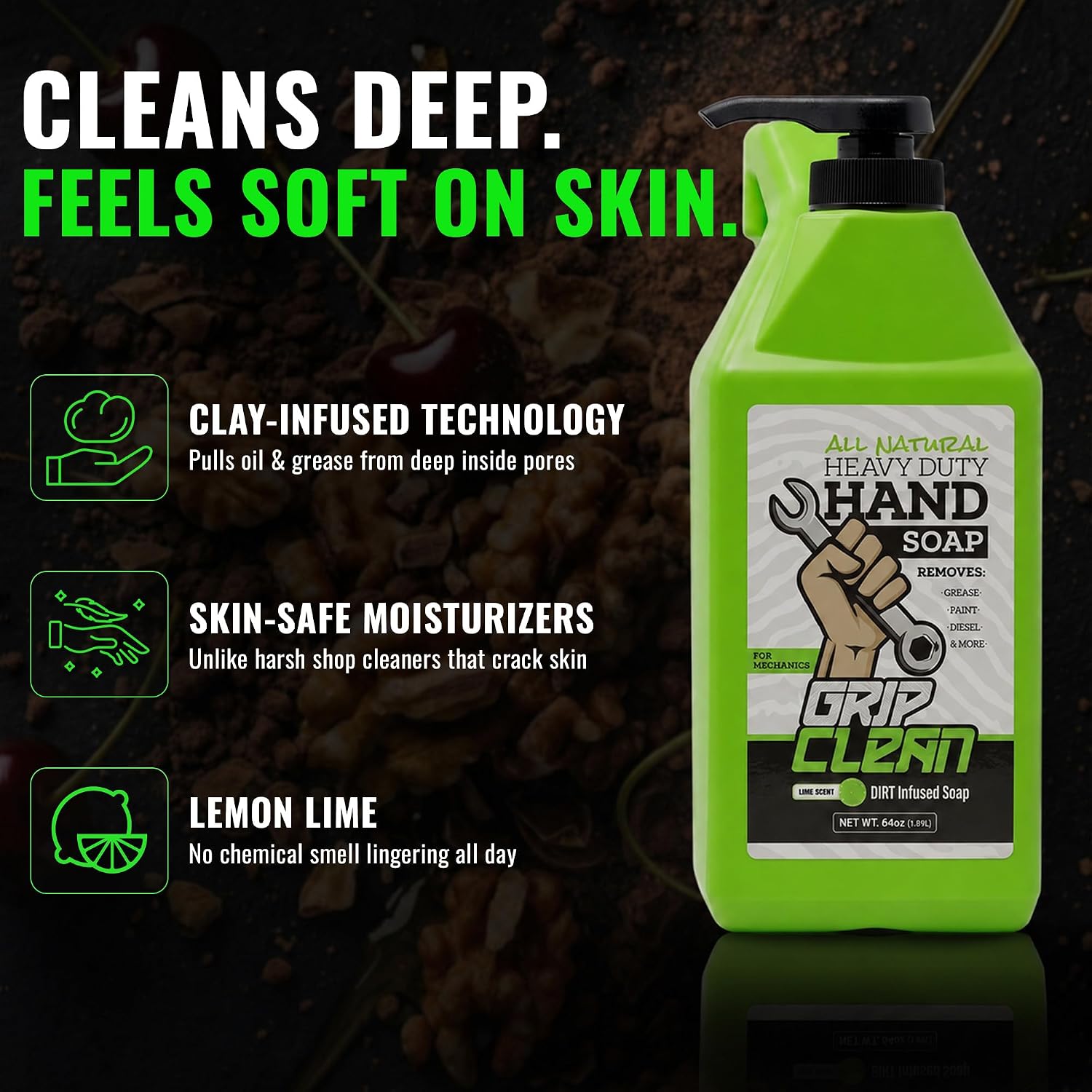 Grip Clean Heavy Duty Hand Cleaner For Mechanics, Natural Pumice, 64 Oz | Clay Infused, Grease, Oil, Grime Remover, Moisturizing Coconut Olive Oils, Lime Scent, For Shop, Garage, Industrial Use