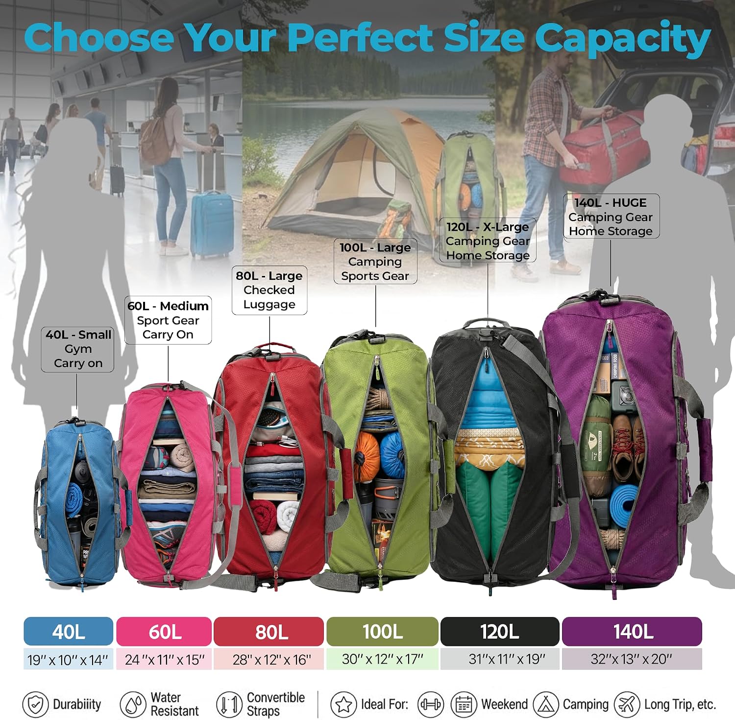 Bago Large Duffle Bag for Travel Women & Men. Durable Lightweight Foldable Travel Duffel Bags For Traveling Women. 80L Duffle Bags For Overnight Bag With Shoe Compartment Collapsible Weekender duffel