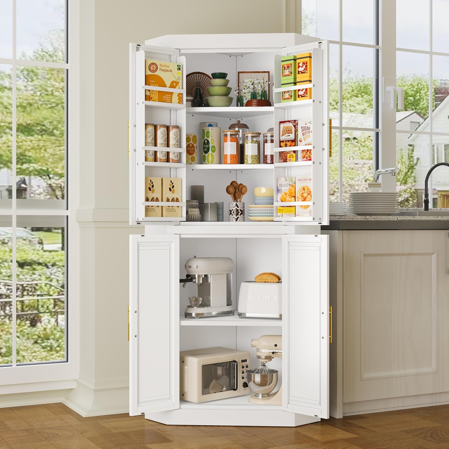 GAIOUS 75.2" Tall Metal Kitchen Pantry Storage Cabinets with 2 Door and 5 Adjustable Shelves, Cupboard for Kitchen, Dining Room, Living Room and Bathroom, White