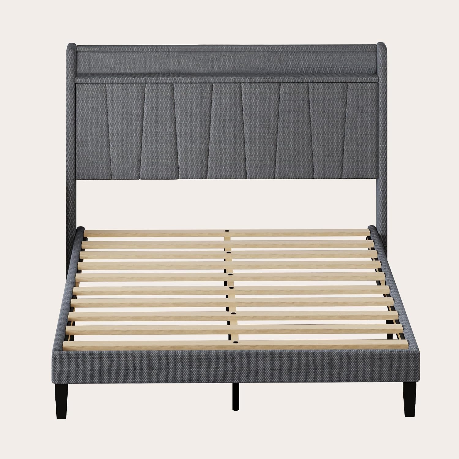King Size Bed Frame with Headboard, Platform Bed with Upholstered Wingback Storage Headboard, Slats Support, No Box Spring Needed Beige