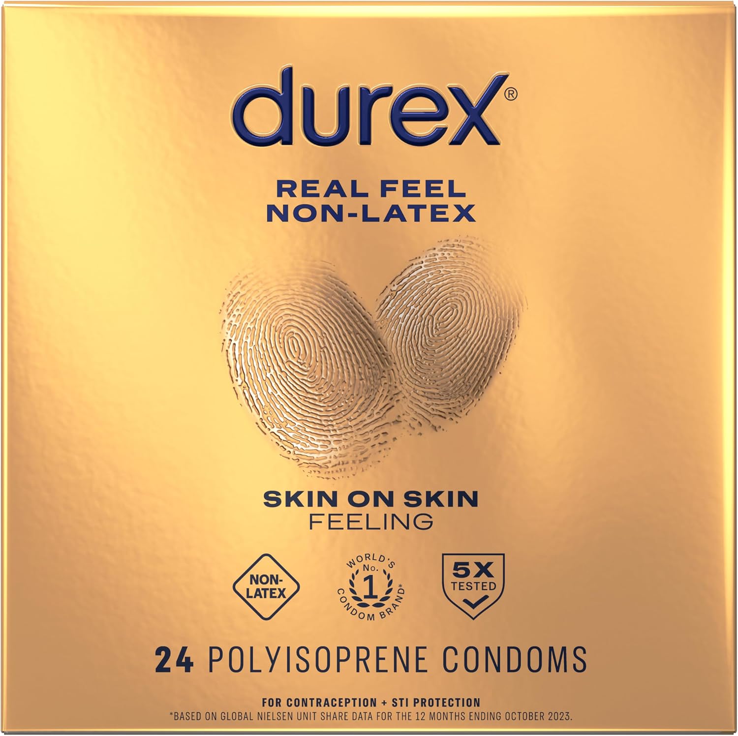 Durex Real Feel Non Latex Condoms, Lubricated Latex Free Condoms for Men, Natural Skin on Skin Feeling, 10 Count