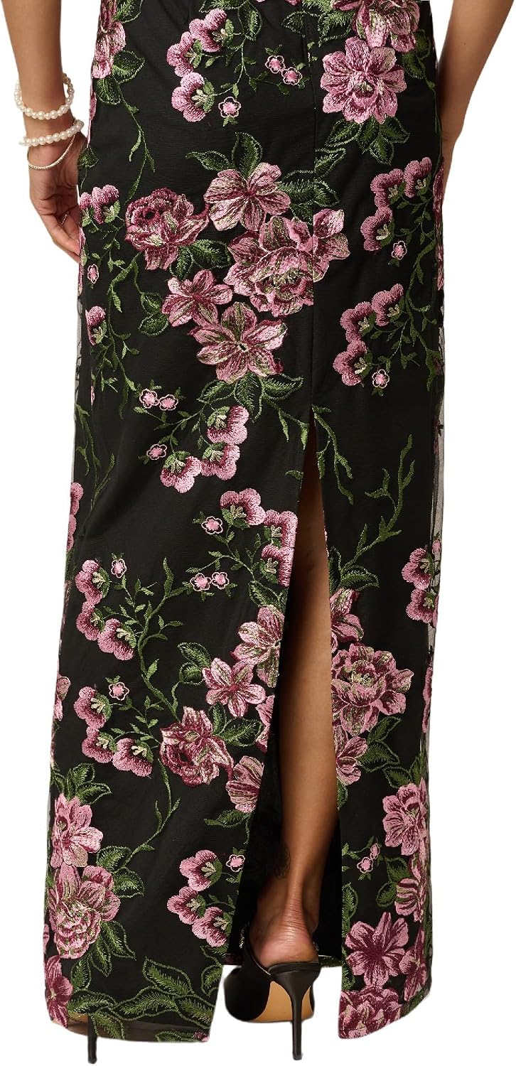Adrianna Papell Cascading Floral Embroidered Long Column Gown