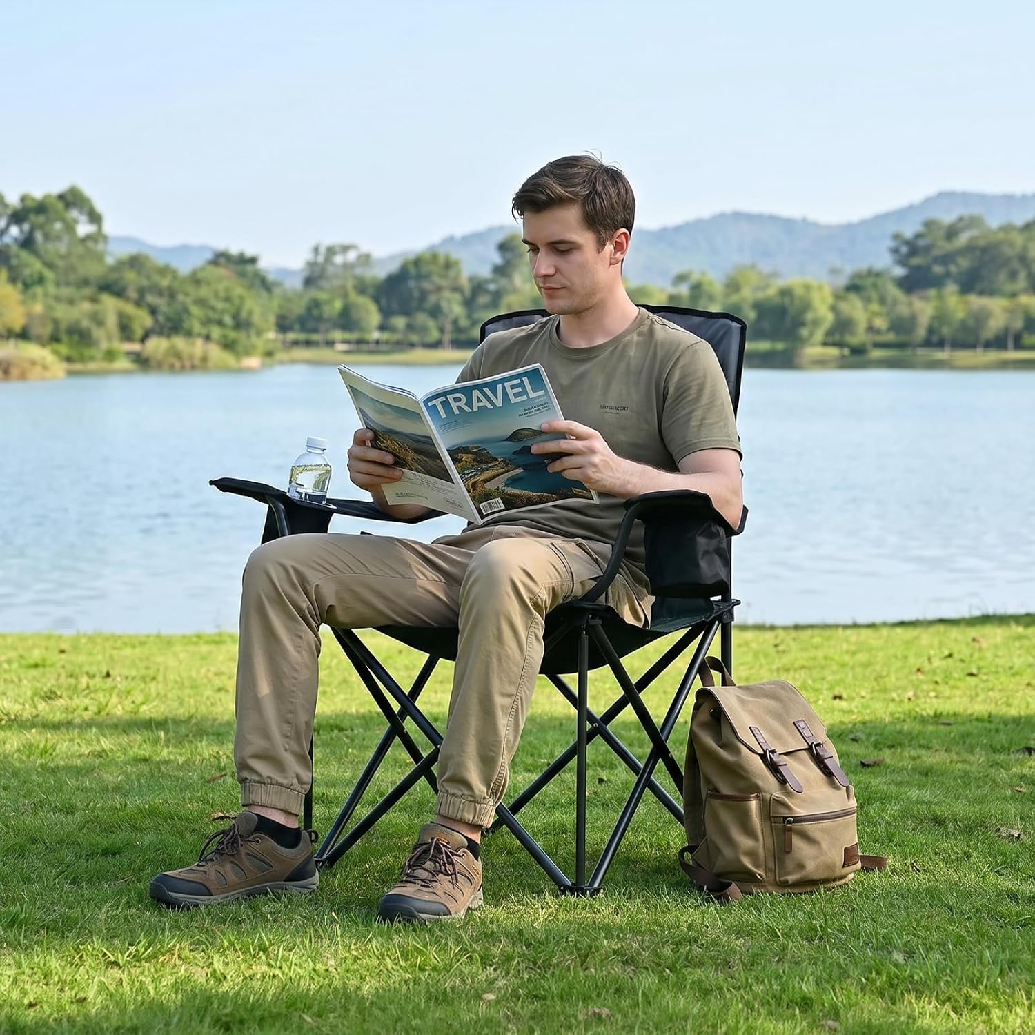 EVER ADVANCED High Back Folding Camping Chair Oversized and Fully Padded, Portable Quad Camp Lawn Chair Up to 400 lbs, with Cup Holder Armrest Carrying Bag